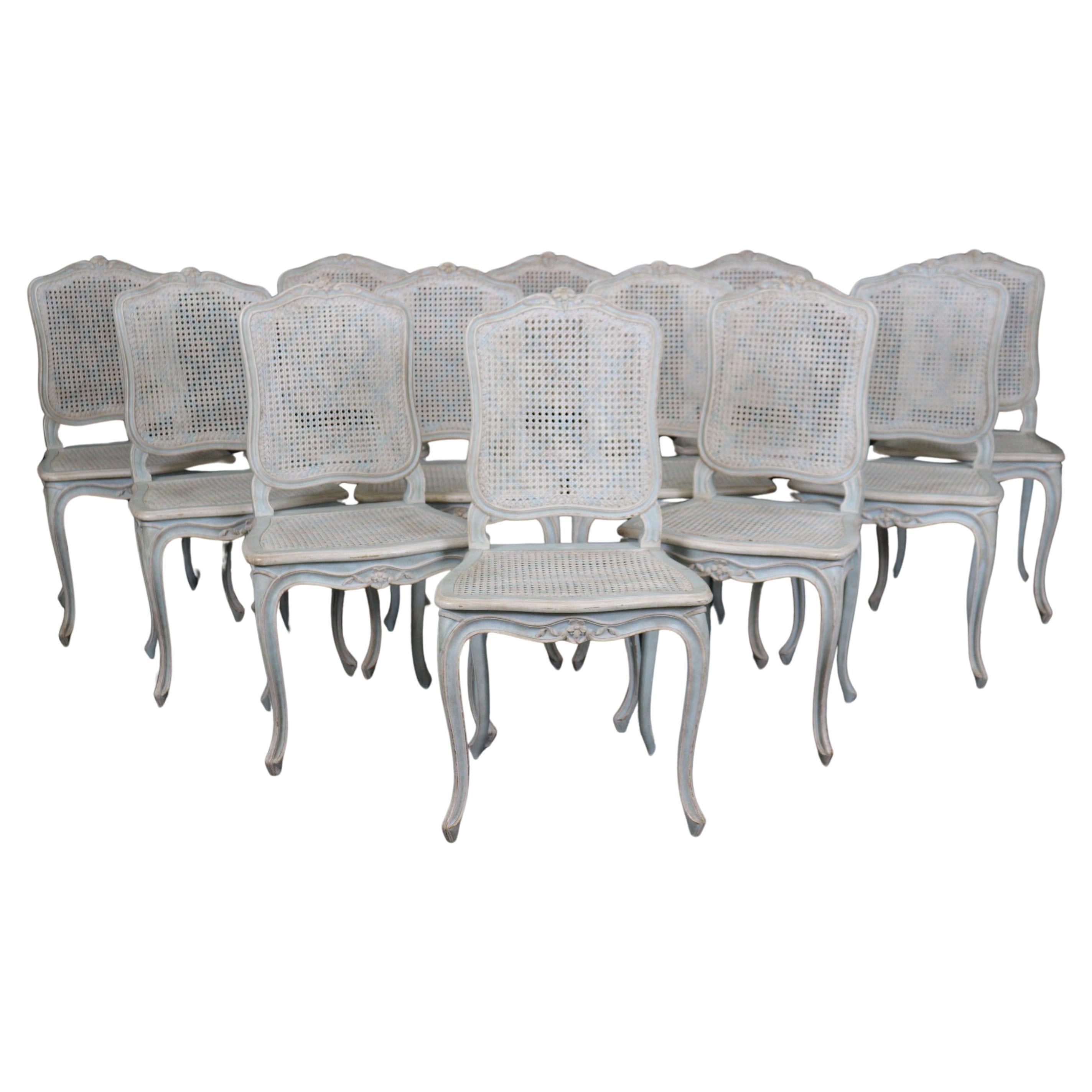 Rare set of 12 French Louis XV Country French Cane Dining Chairs For Sale