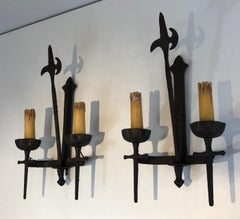 Rare Set of 12 Large Wrought Iron Castle Wall Lights, Circa 1940