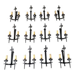 Rare Set of 12 Large Wrought Iron Castle Wall Lights, Circa 1940