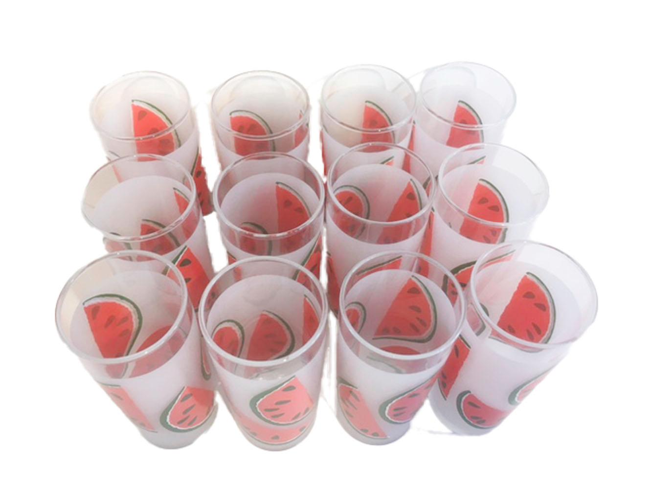 Rare set of 12, Libbey Glass Co., Frosted Tom Collins glasses with watermelon slices in enamel colors. All in excellent condition.