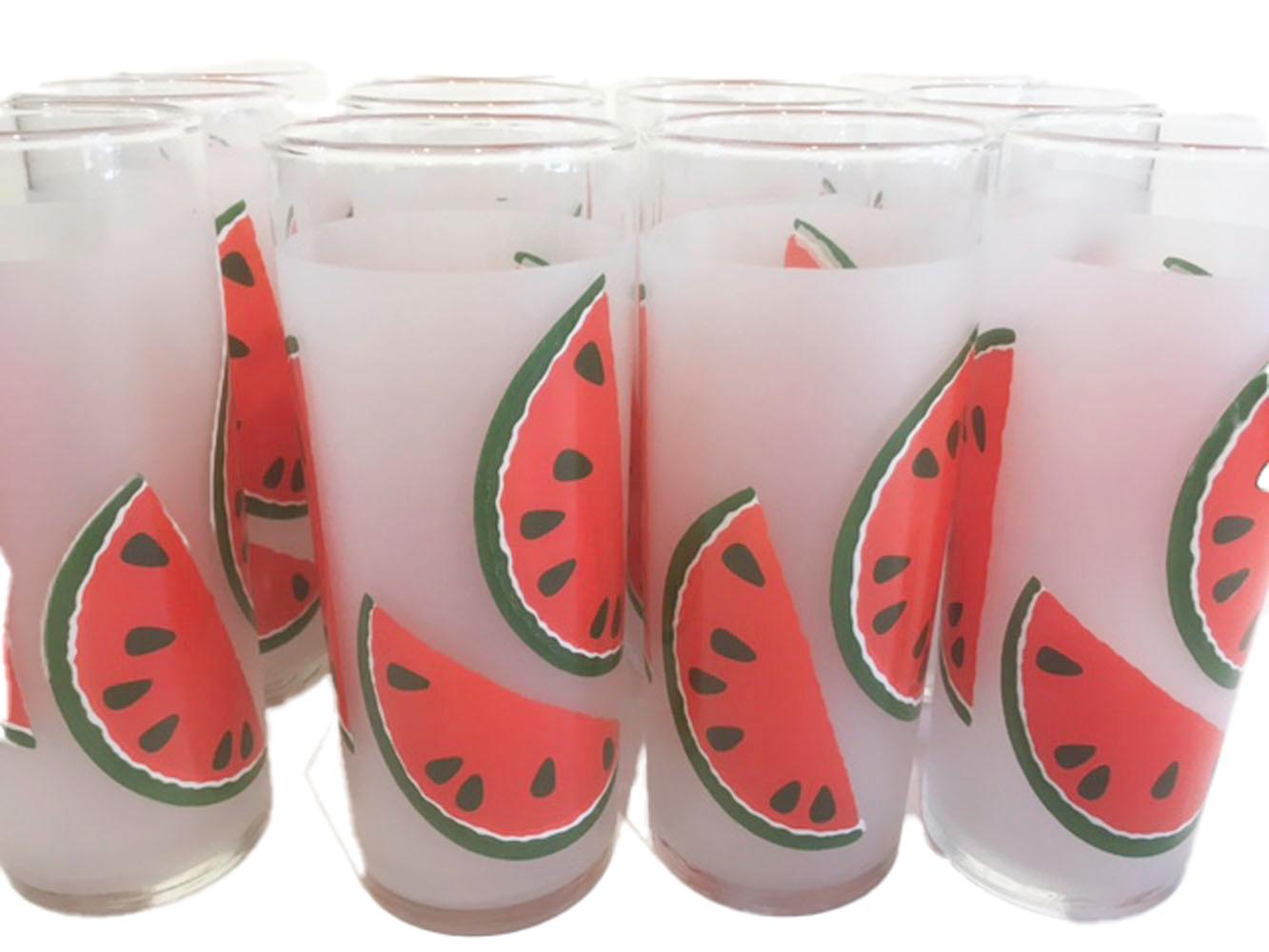 Mid-Century Modern Rare ensemble de 12 verres Libbey Tom Collins en verre dépoli avec tranches de pastèque en vente