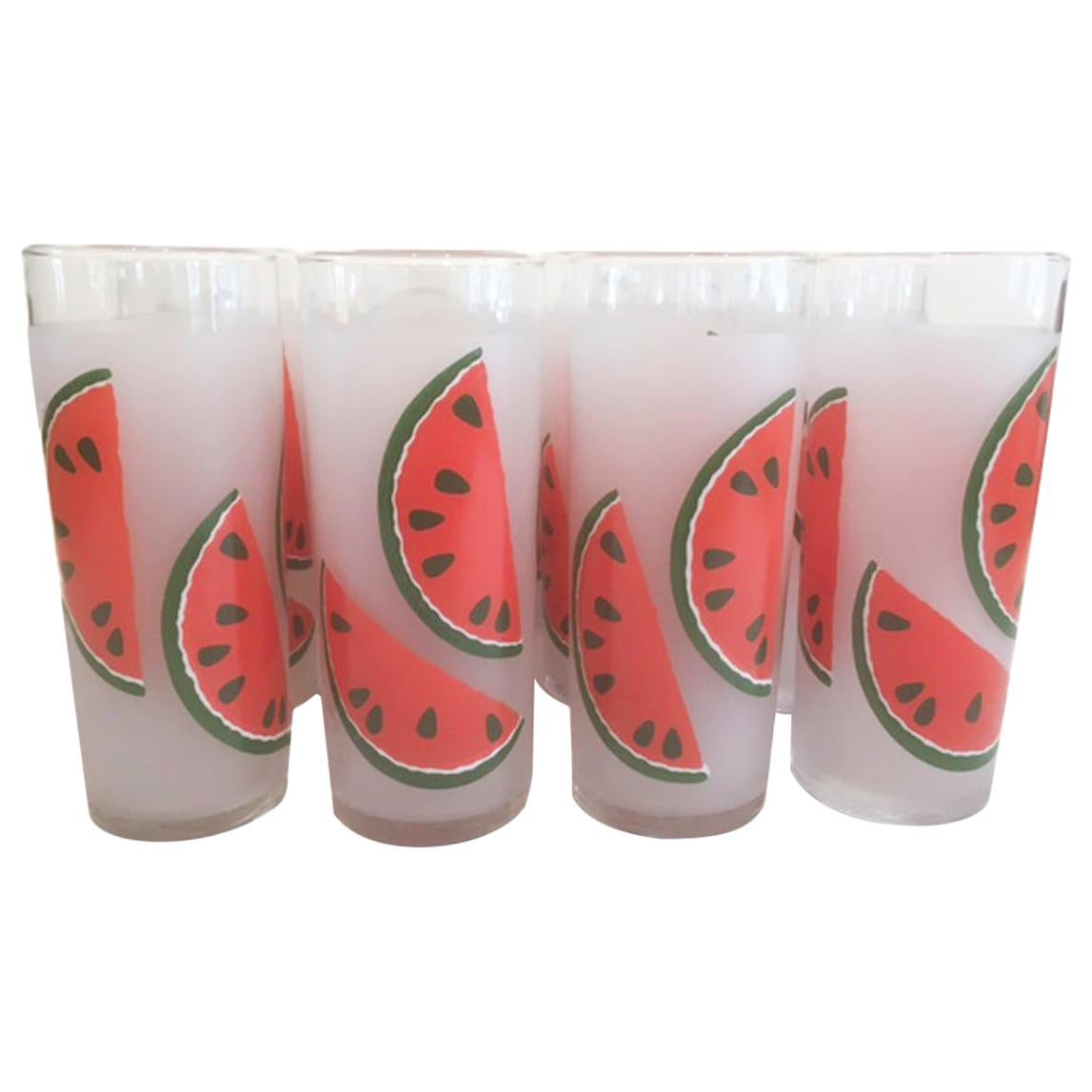 Rare Set of 12, Libbey Glass, Frosted Tom Collins Glasses with Watermelon Slices For Sale