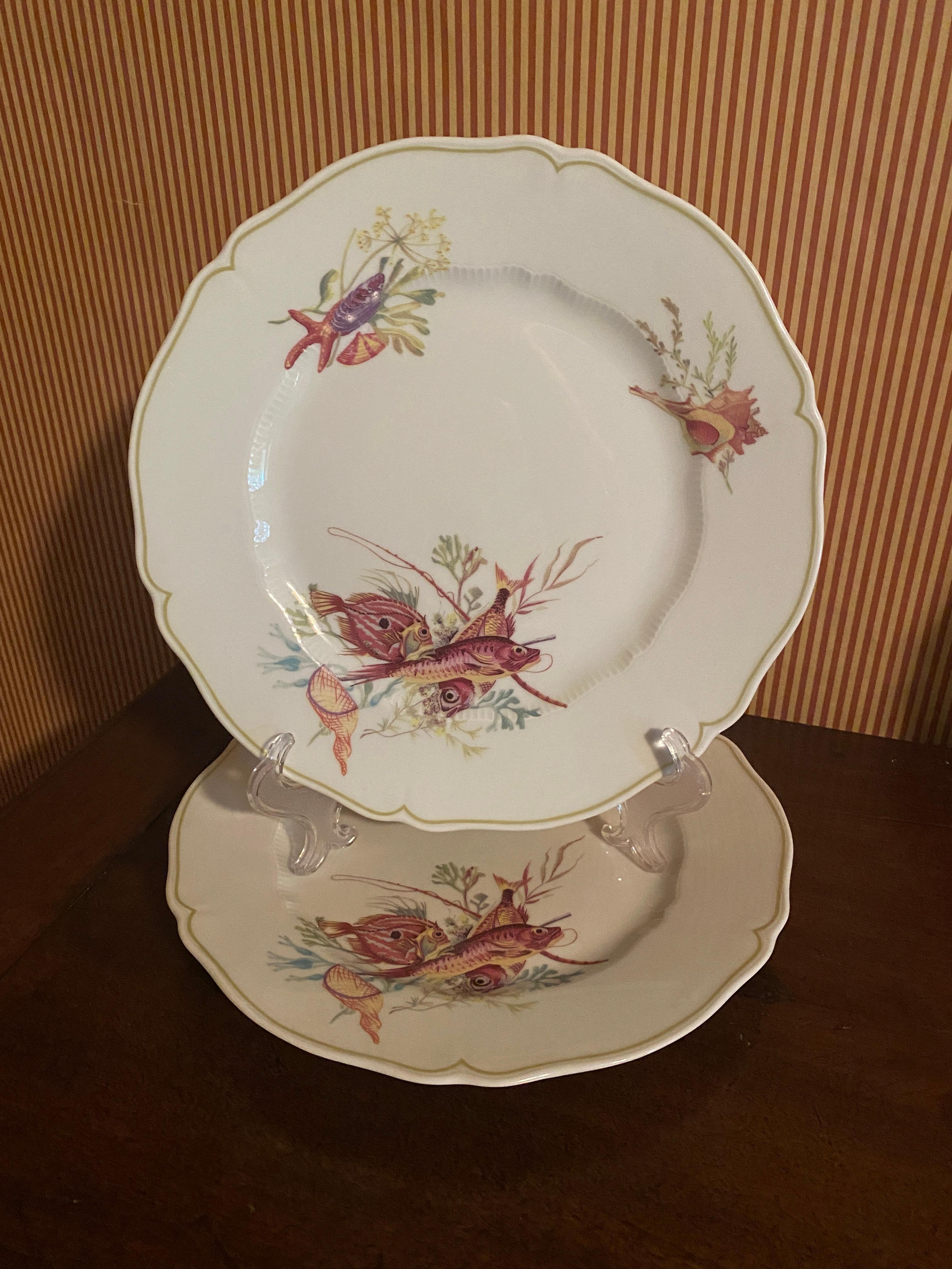 Porcelain Set of 12 Havilland- Limoges Dinner Plates, Six Fish and Crustacean Designs For Sale