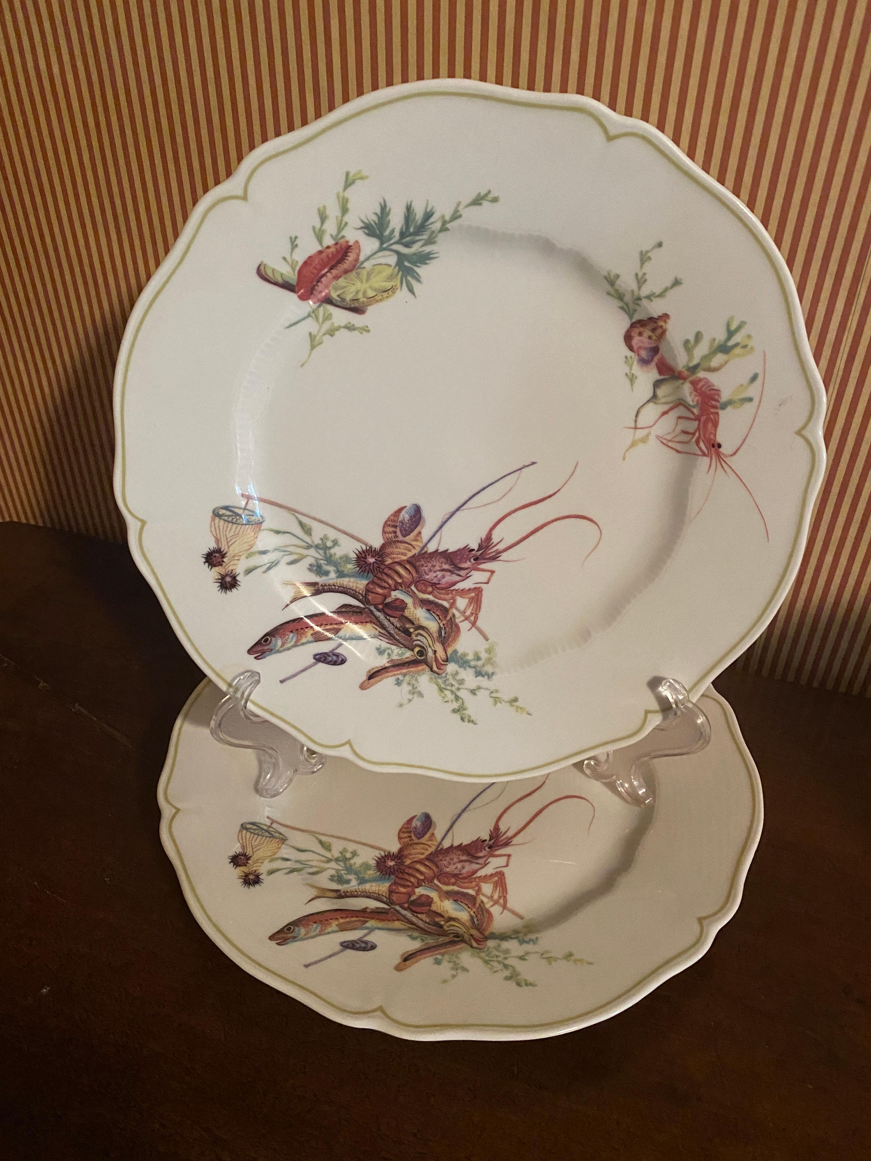 Set of 12 Havilland- Limoges Dinner Plates, Six Fish and Crustacean Designs For Sale 1