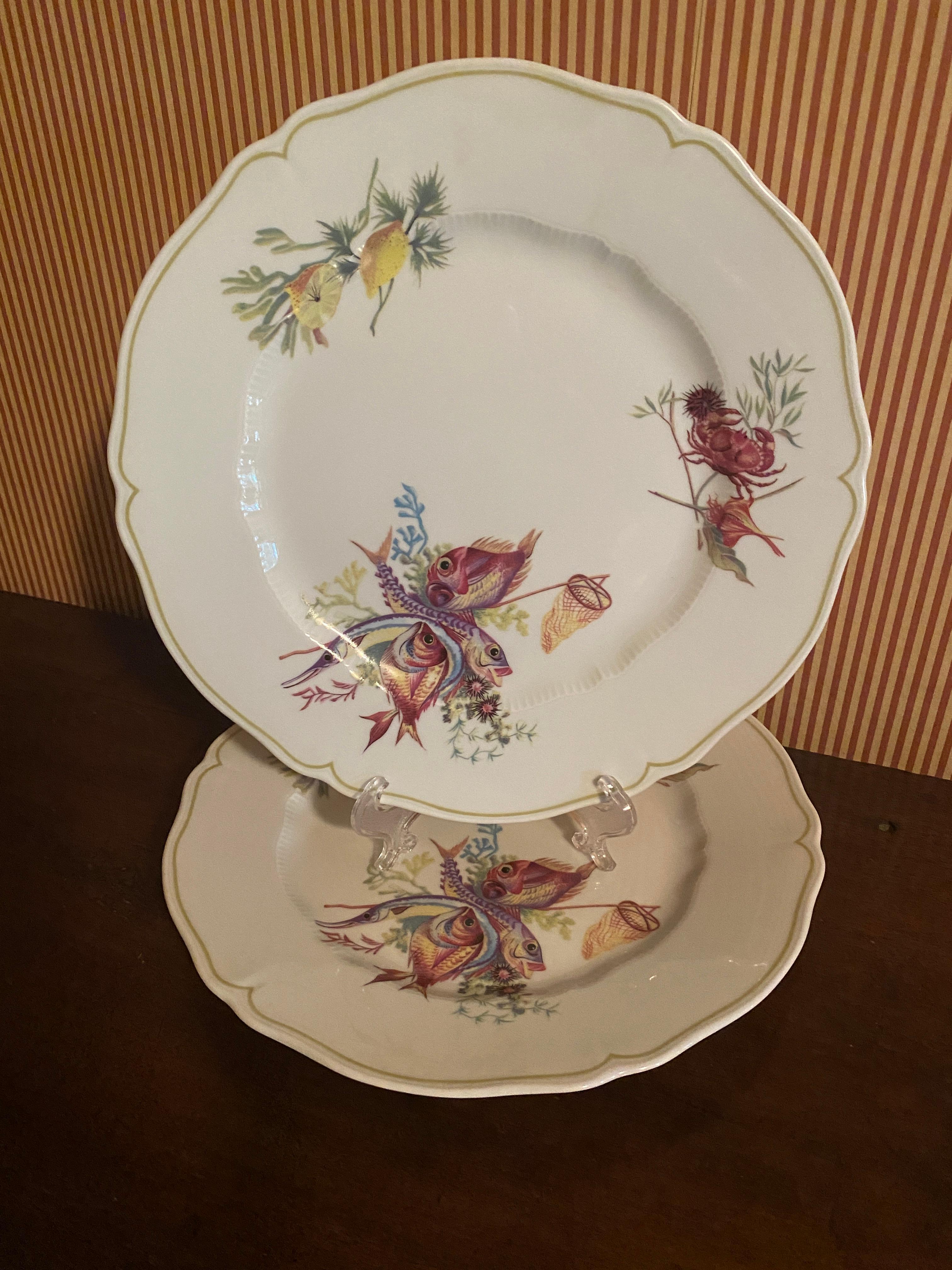 Set of 12 Havilland- Limoges Dinner Plates, Six Fish and Crustacean Designs For Sale 2