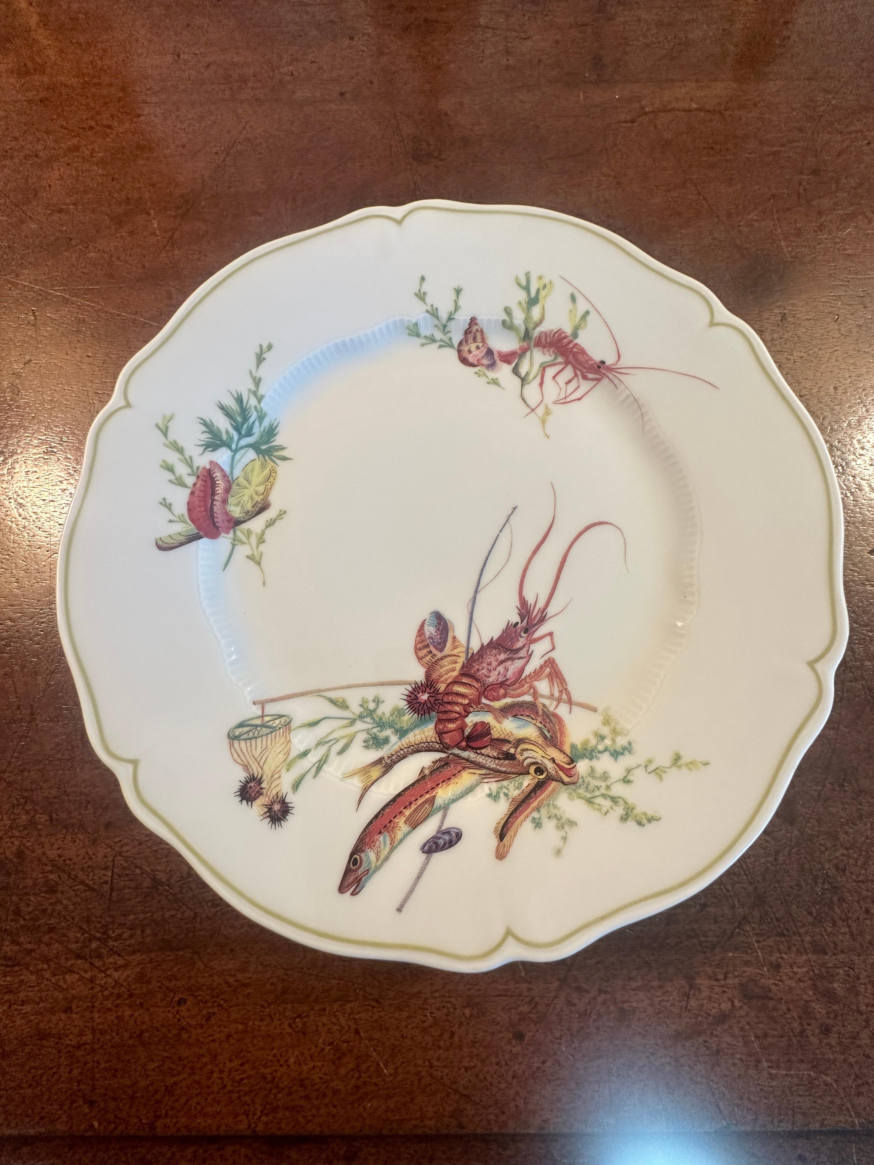 French Set of 12 Havilland- Limoges Dinner Plates, Six Fish and Crustacean Designs For Sale