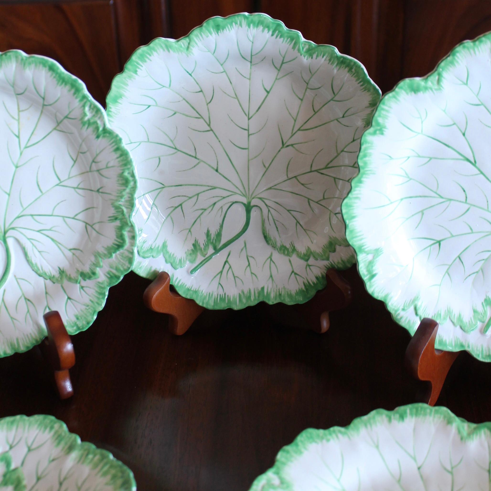Rare Set Of 12 Wedgwood White Majolica Geranium Leaf Dessert Plates 2