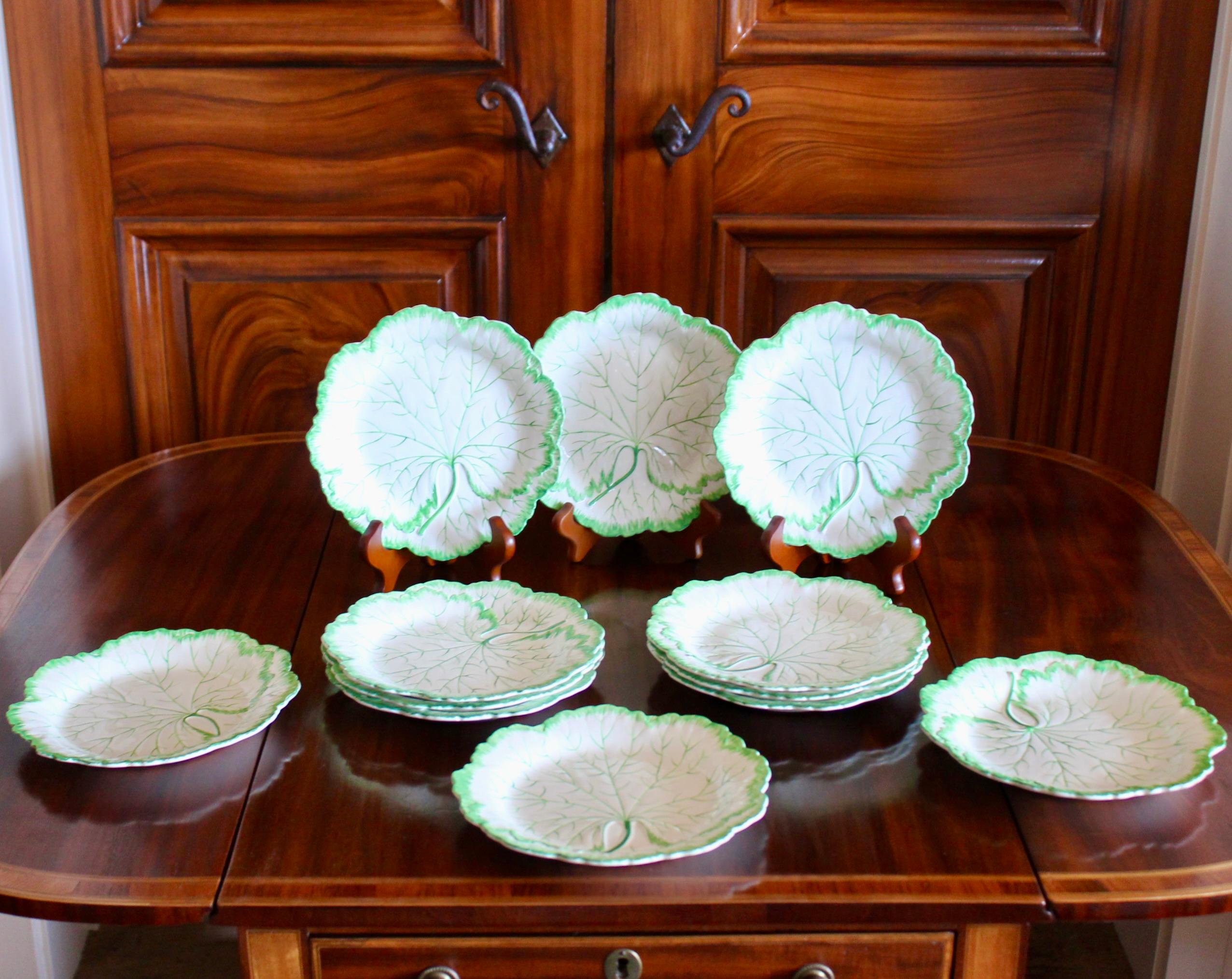 A very rare and sought after coloration of a full and ruffled geranium leaf pattern moulded in low relief, with edges and veins picked out in a fresh green glaze. Second half of the 19th century, exceptionally good antique condition, with artisanal