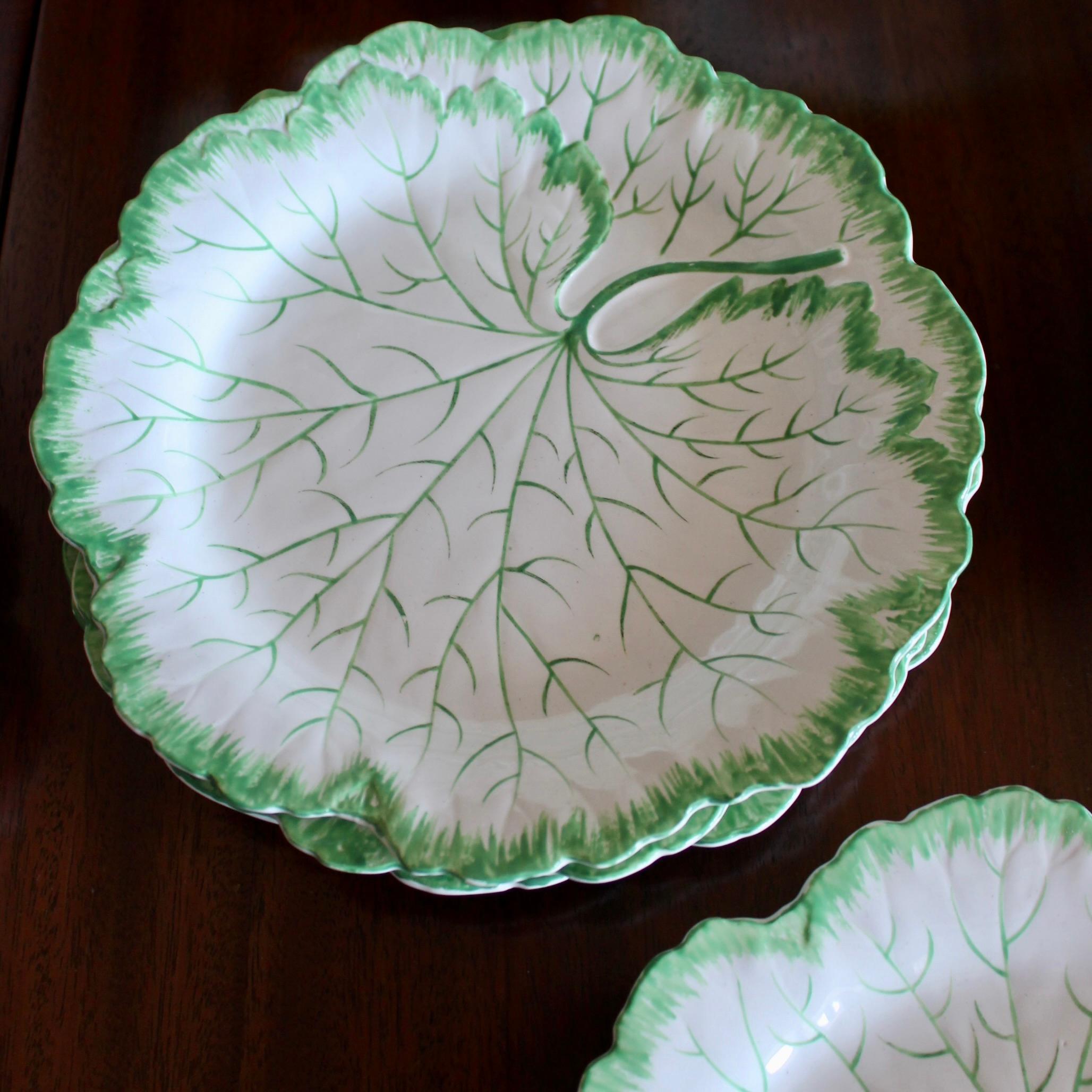 Hand-Painted Rare Set Of 12 Wedgwood White Majolica Geranium Leaf Dessert Plates
