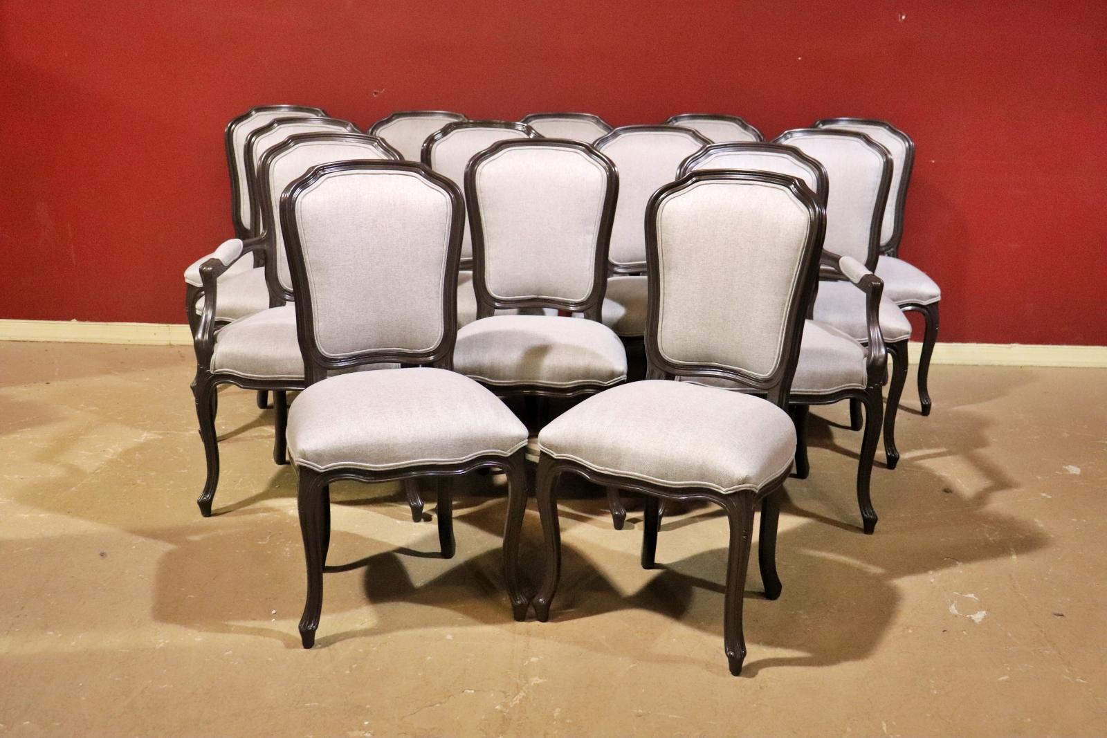 Rare Set of 14 French Louis XV Style Dark Walnut Upholstered Dining Chairs  2
