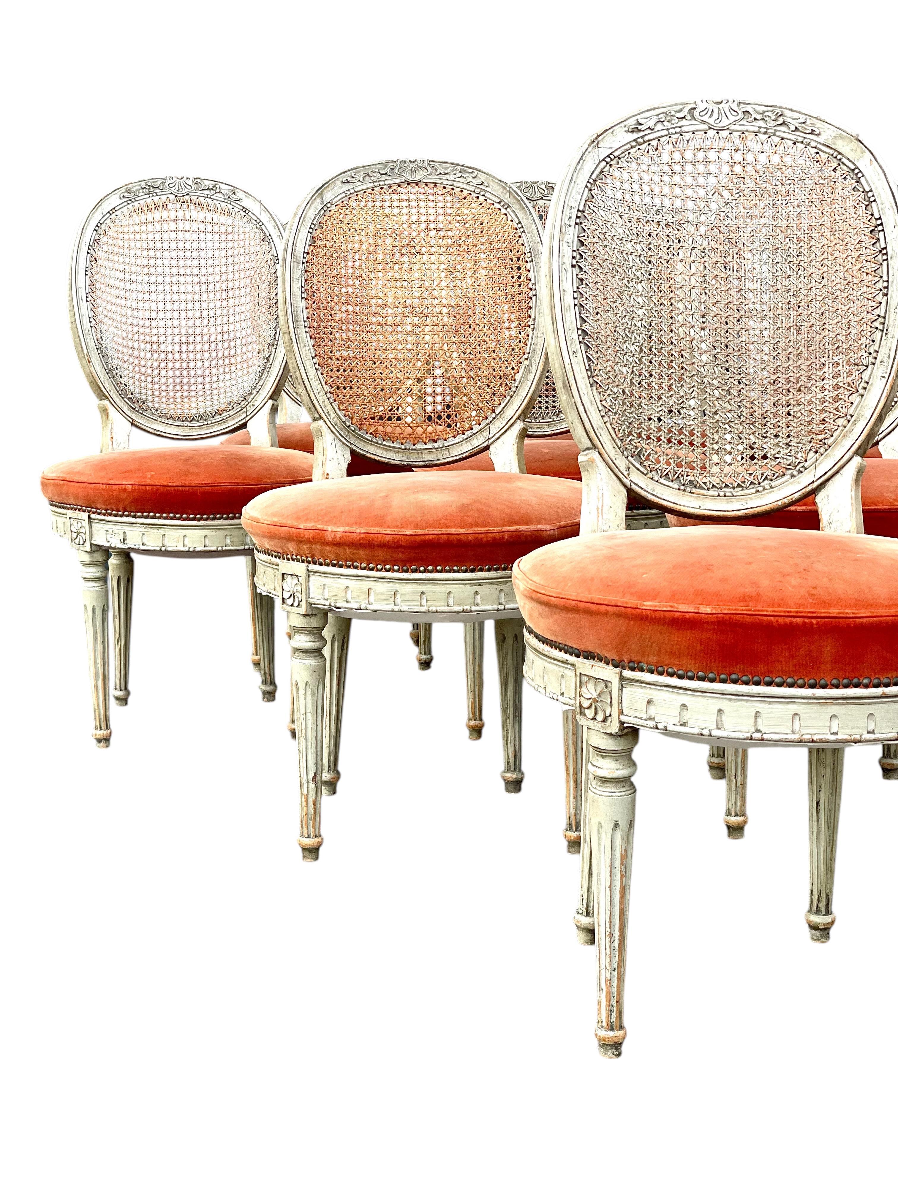Rare Set of 14 Louis XVI Period Dining Chairs with Cane Back and Velvet Seats For Sale 5