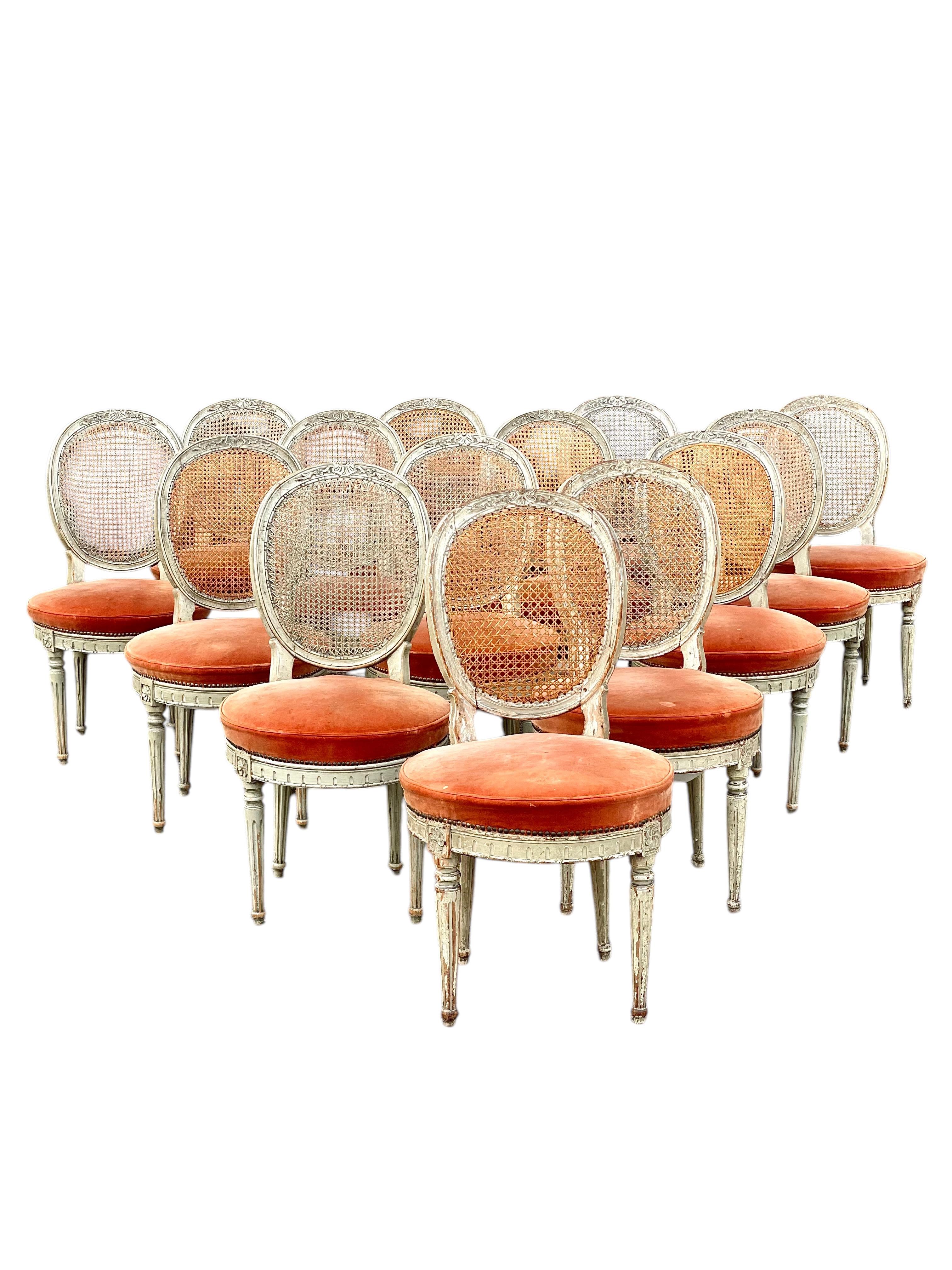 Rare Set of 14 Louis XVI Period Dining Chairs with Cane Back and Velvet Seats For Sale 6