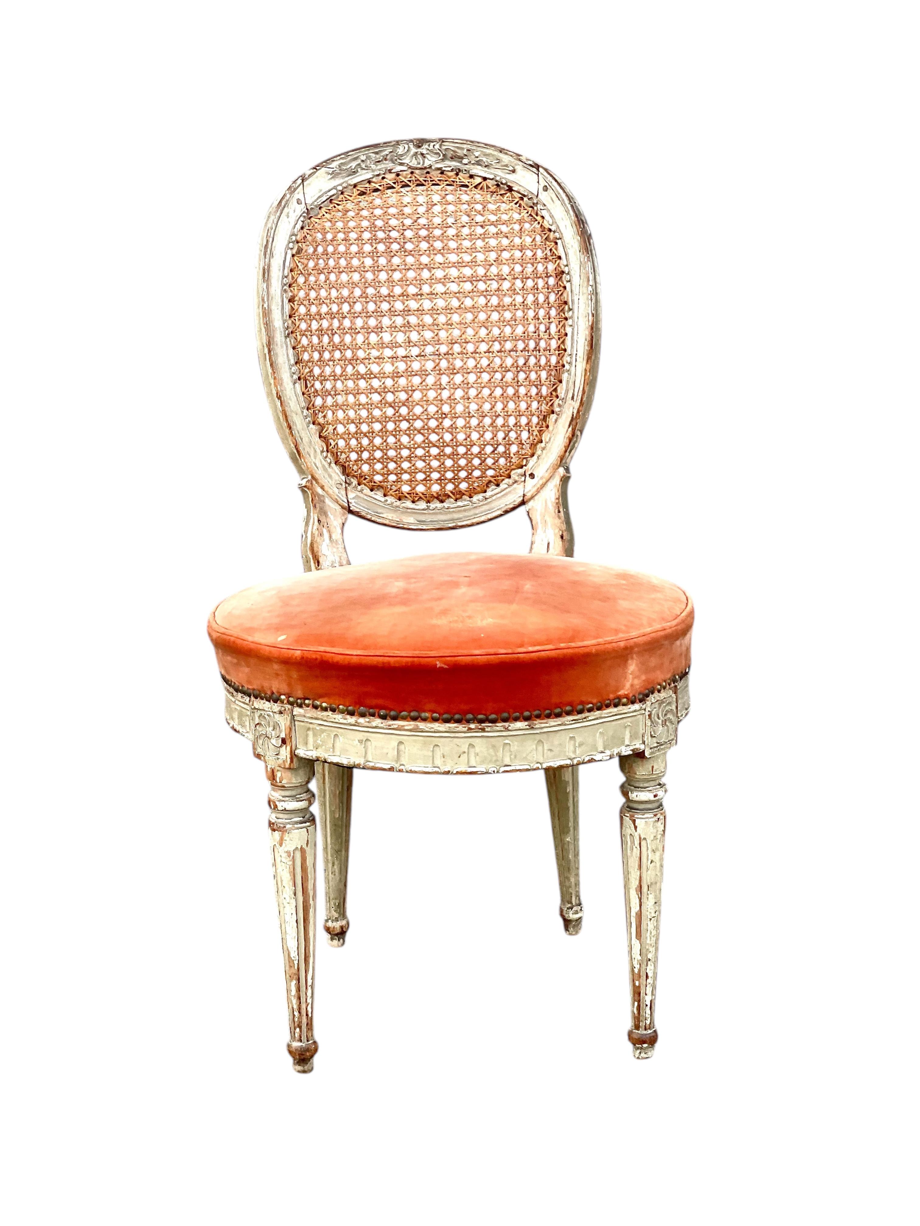 French Rare Set of 14 Louis XVI Period Dining Chairs with Cane Back and Velvet Seats For Sale