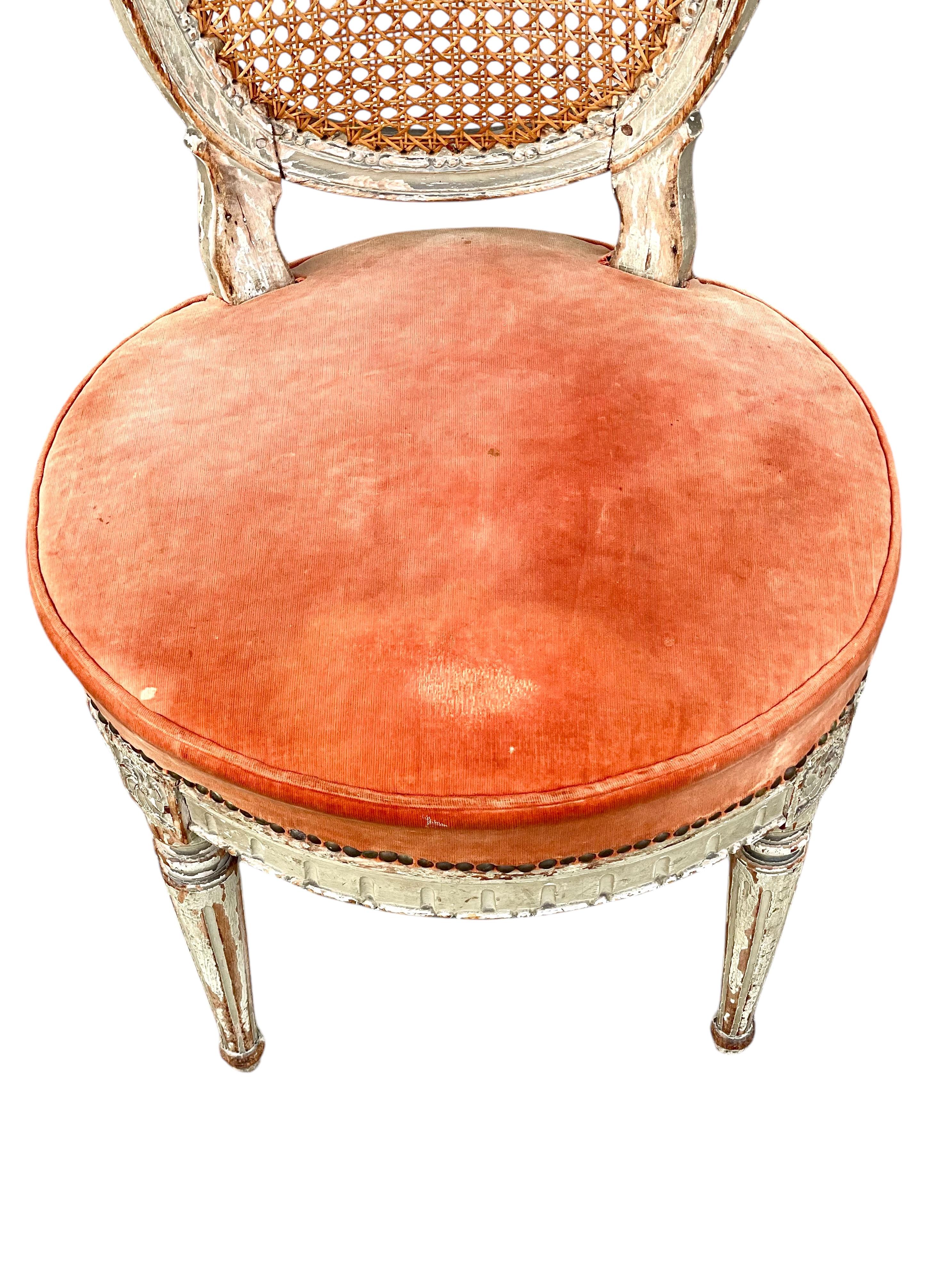 Caning Rare Set of 14 Louis XVI Period Dining Chairs with Cane Back and Velvet Seats For Sale