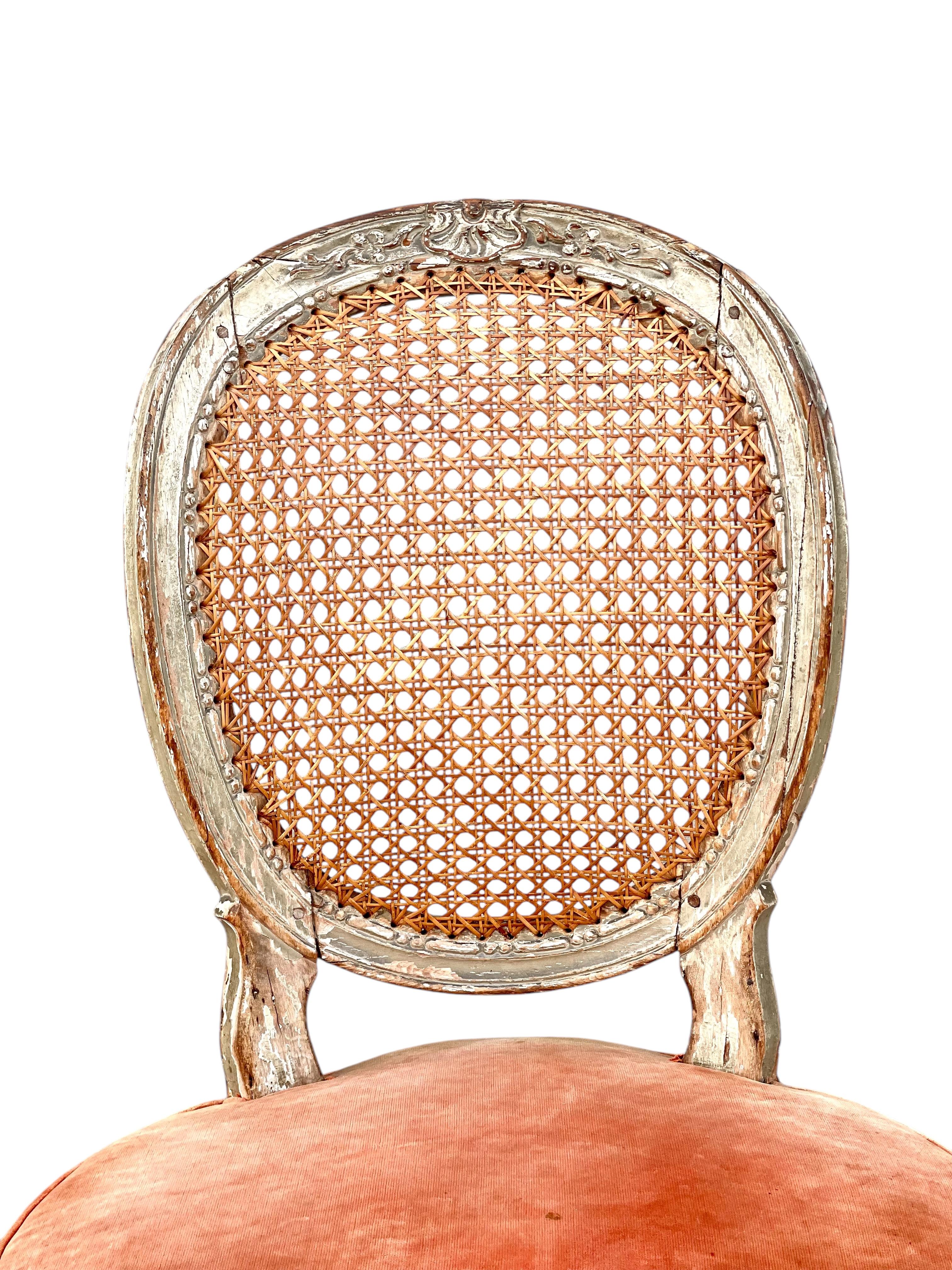 Rare Set of 14 Louis XVI Period Dining Chairs with Cane Back and Velvet Seats In Good Condition For Sale In LA CIOTAT, FR