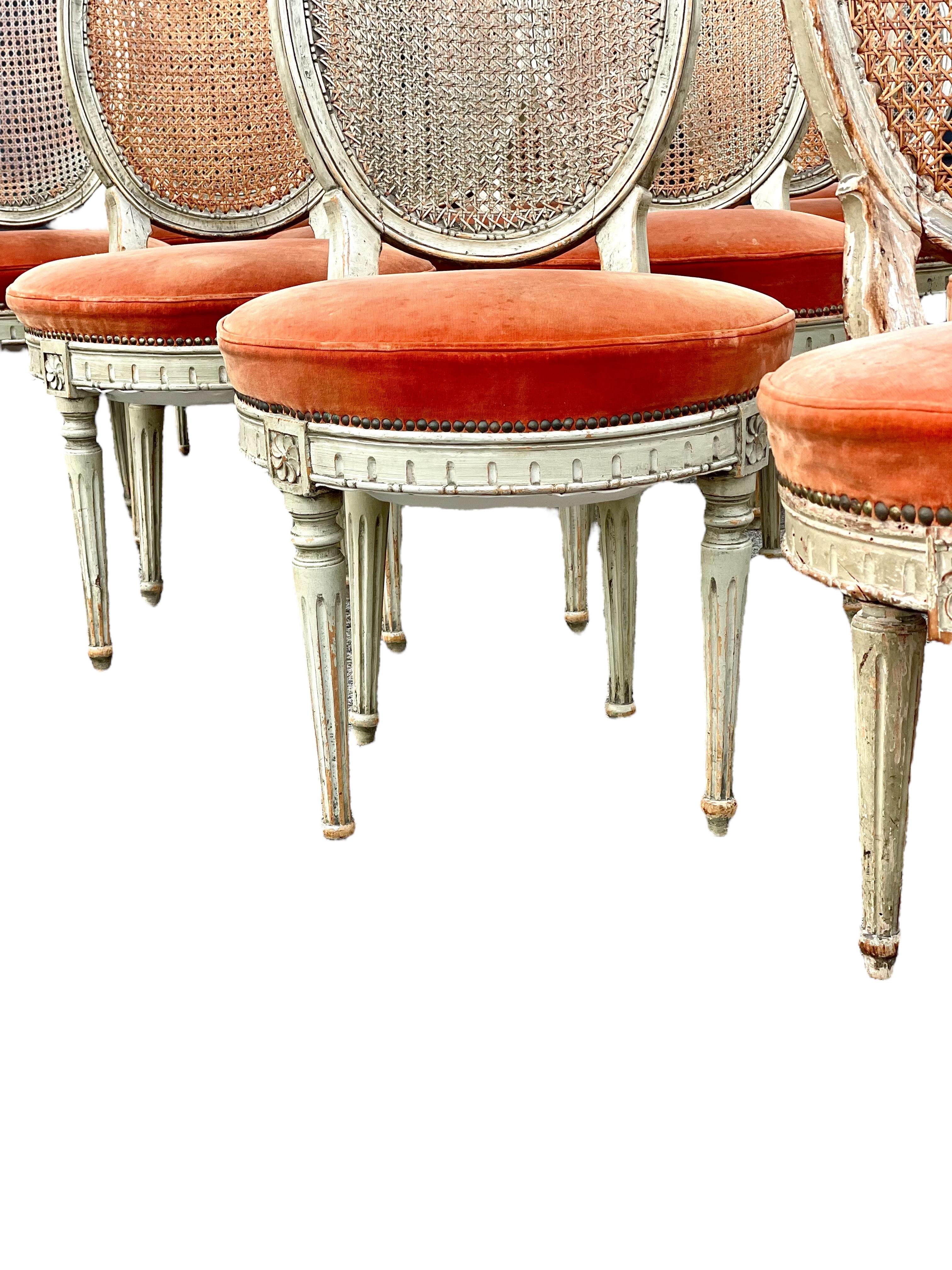18th Century and Earlier Rare Set of 14 Louis XVI Period Dining Chairs with Cane Back and Velvet Seats For Sale