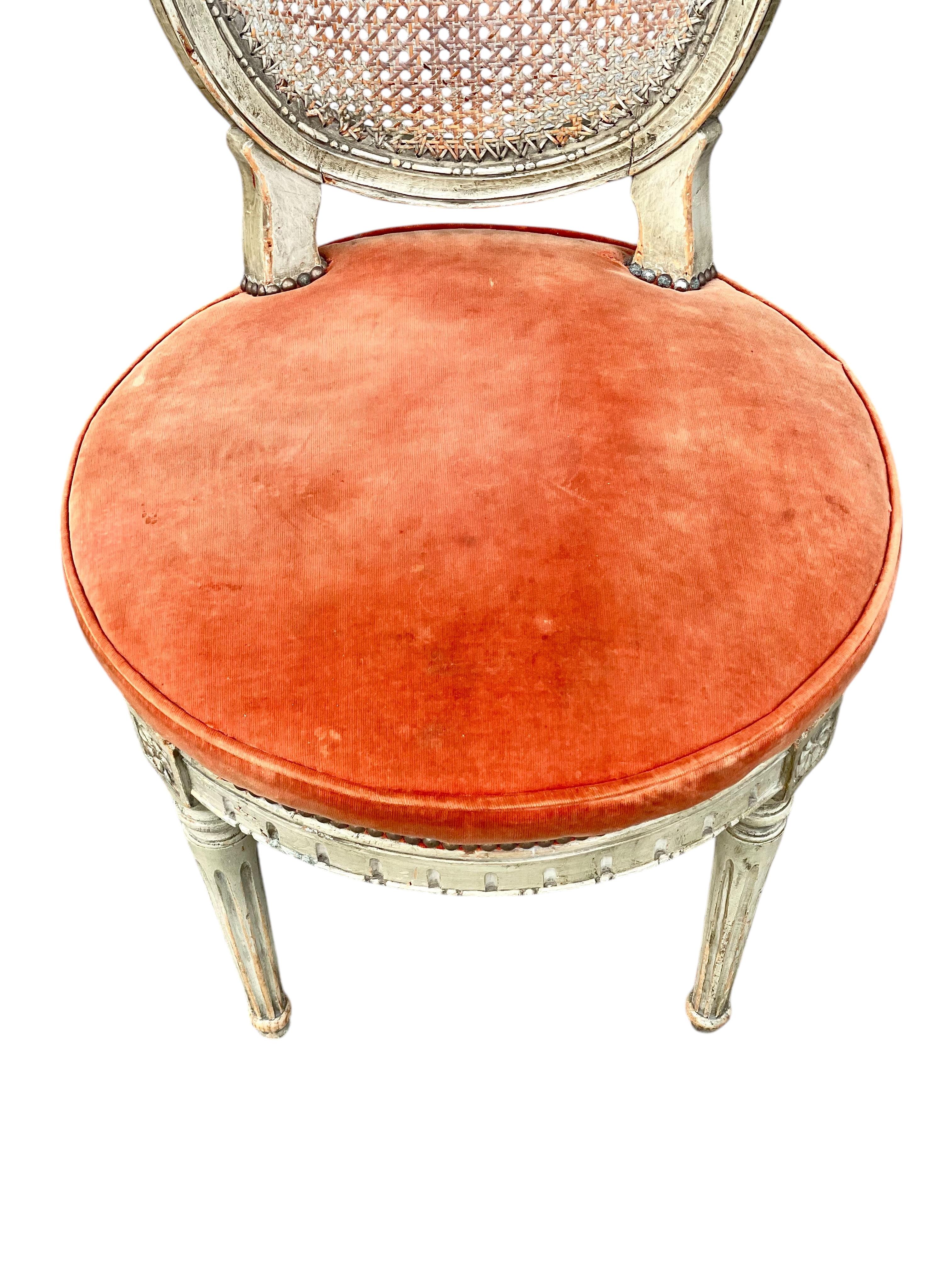 Rare Set of 14 Louis XVI Period Dining Chairs with Cane Back and Velvet Seats For Sale 1