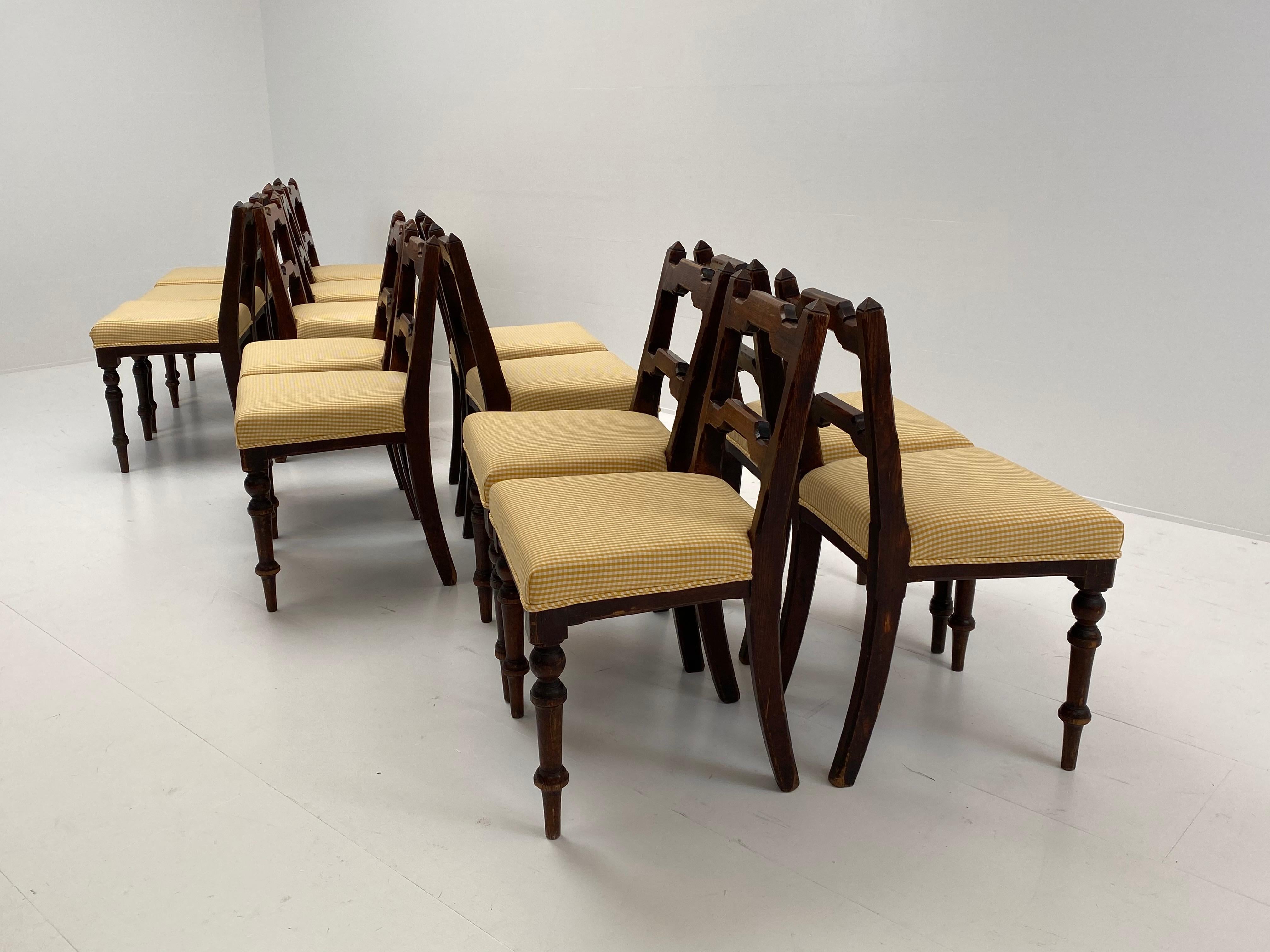 Rare Set of 14 Rustic Chairs in Pine with New Upholstery, Ireland 6