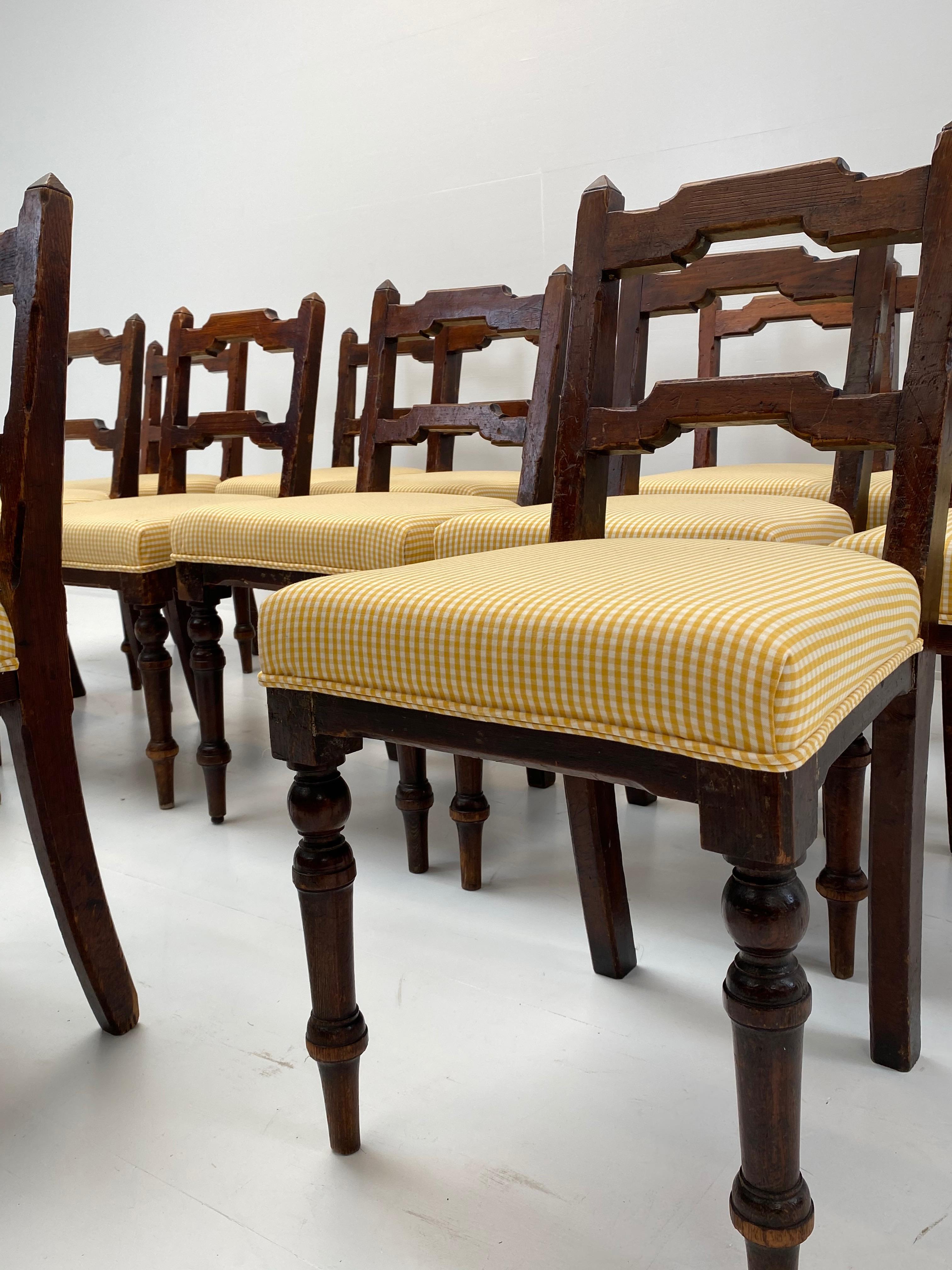 Northern Irish Rare Set of 14 Rustic Chairs in Pine with New Upholstery, Ireland
