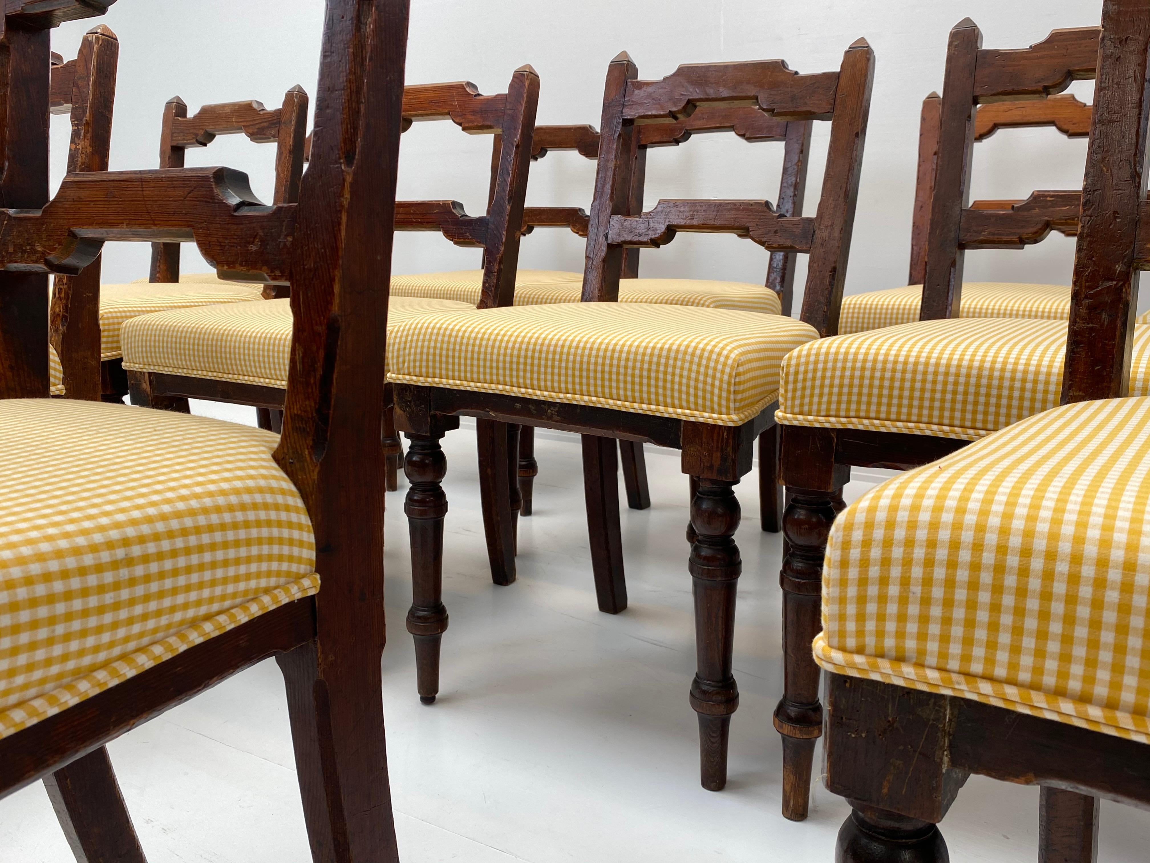 Rare Set of 14 Rustic Chairs in Pine with New Upholstery, Ireland 4