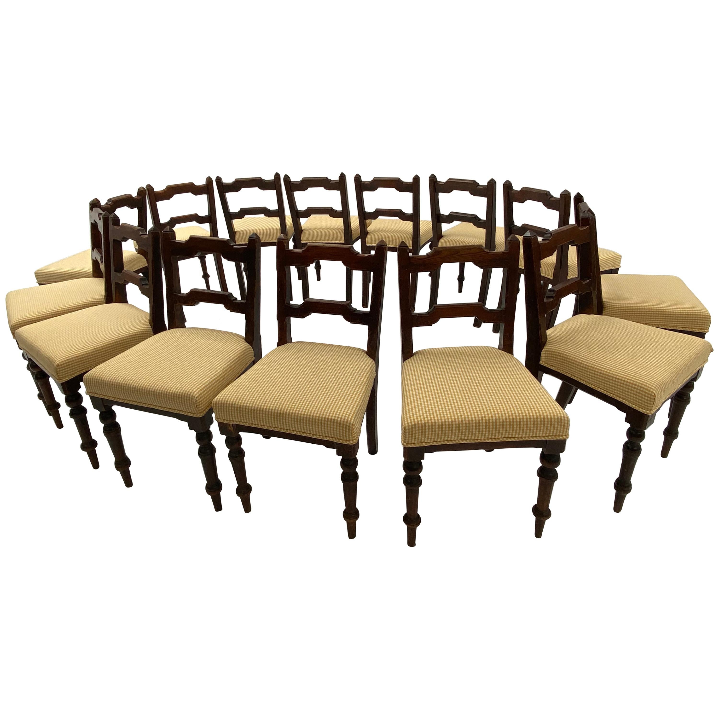 Rare Set of 14 Rustic Chairs in Pine with New Upholstery, Ireland
