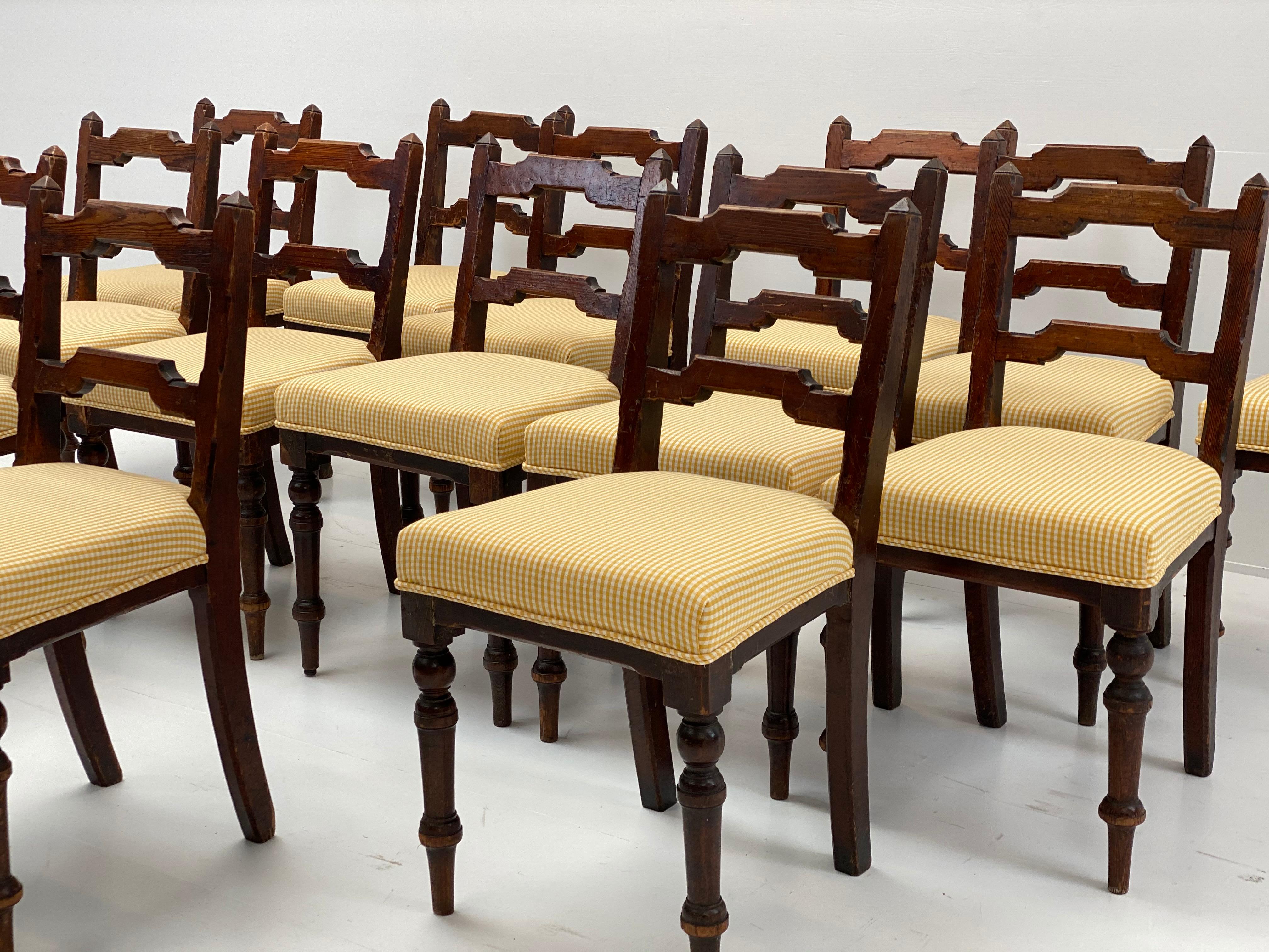 Exceptional set of 14 Irish Country chairs,
simple silhouette with lovely color and strong, old patina,
sturdy good condition
chairs with elegant lines and stunning wood
new upholstery, elegant white and yellow Vichy fabric
Very unusual to find