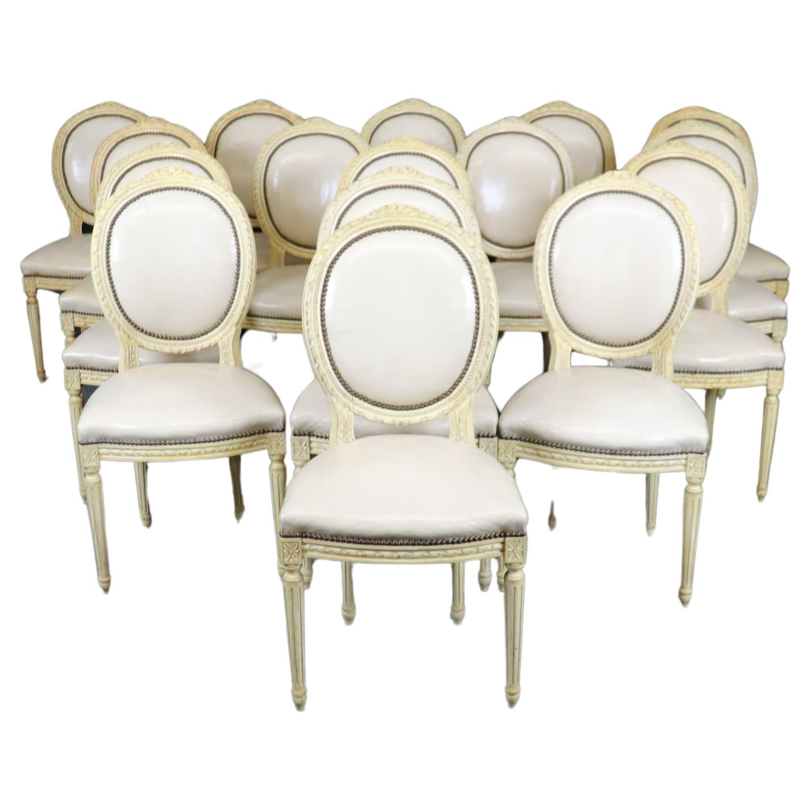 Rare Set of 16 Carved Creme Painted Cameo Back French Louis XVI Dining Chairs  For Sale