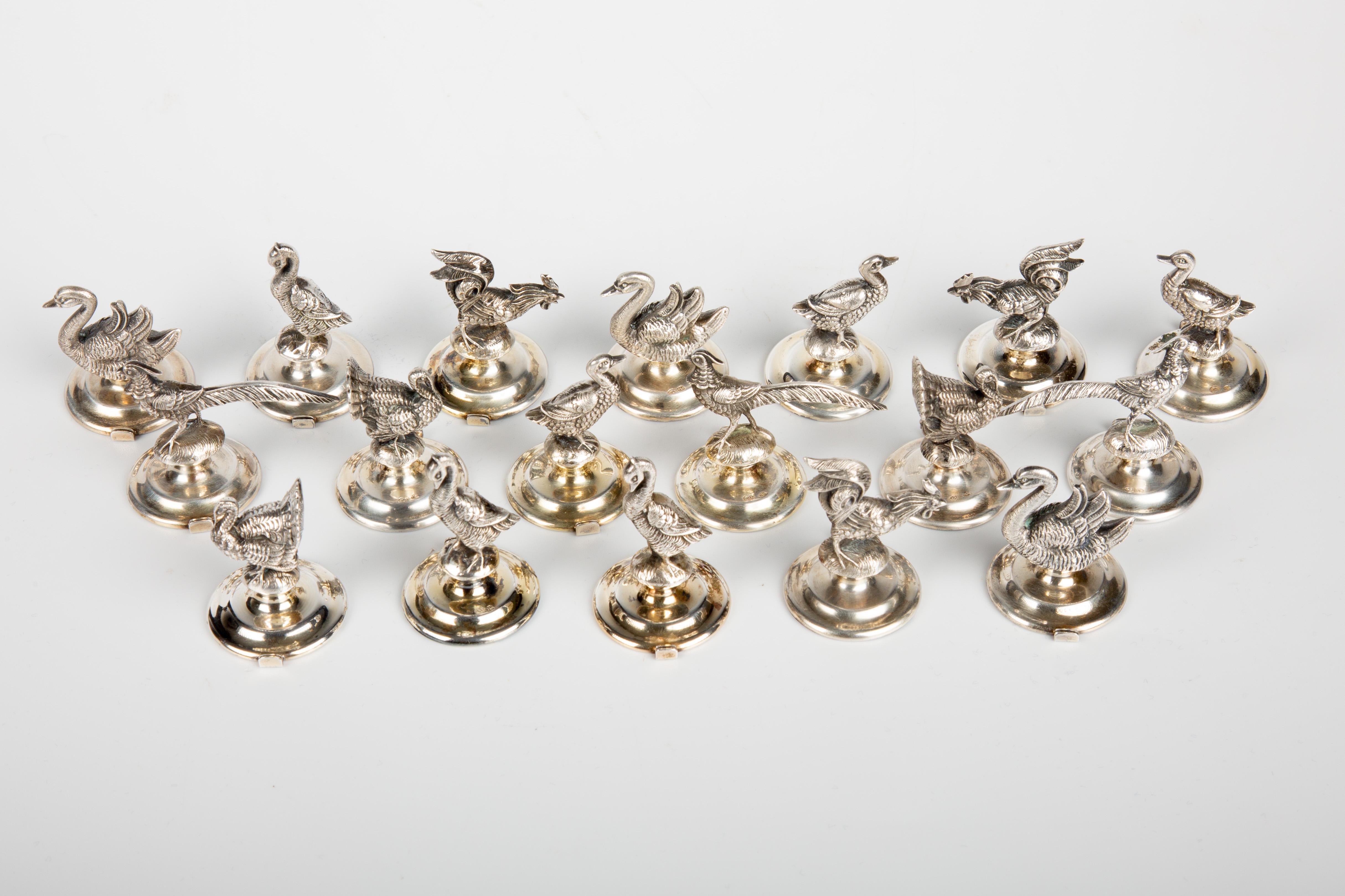 Victorian Rare Set of 18 Italian Silver Bird or Fowl Place Card Holders For Sale