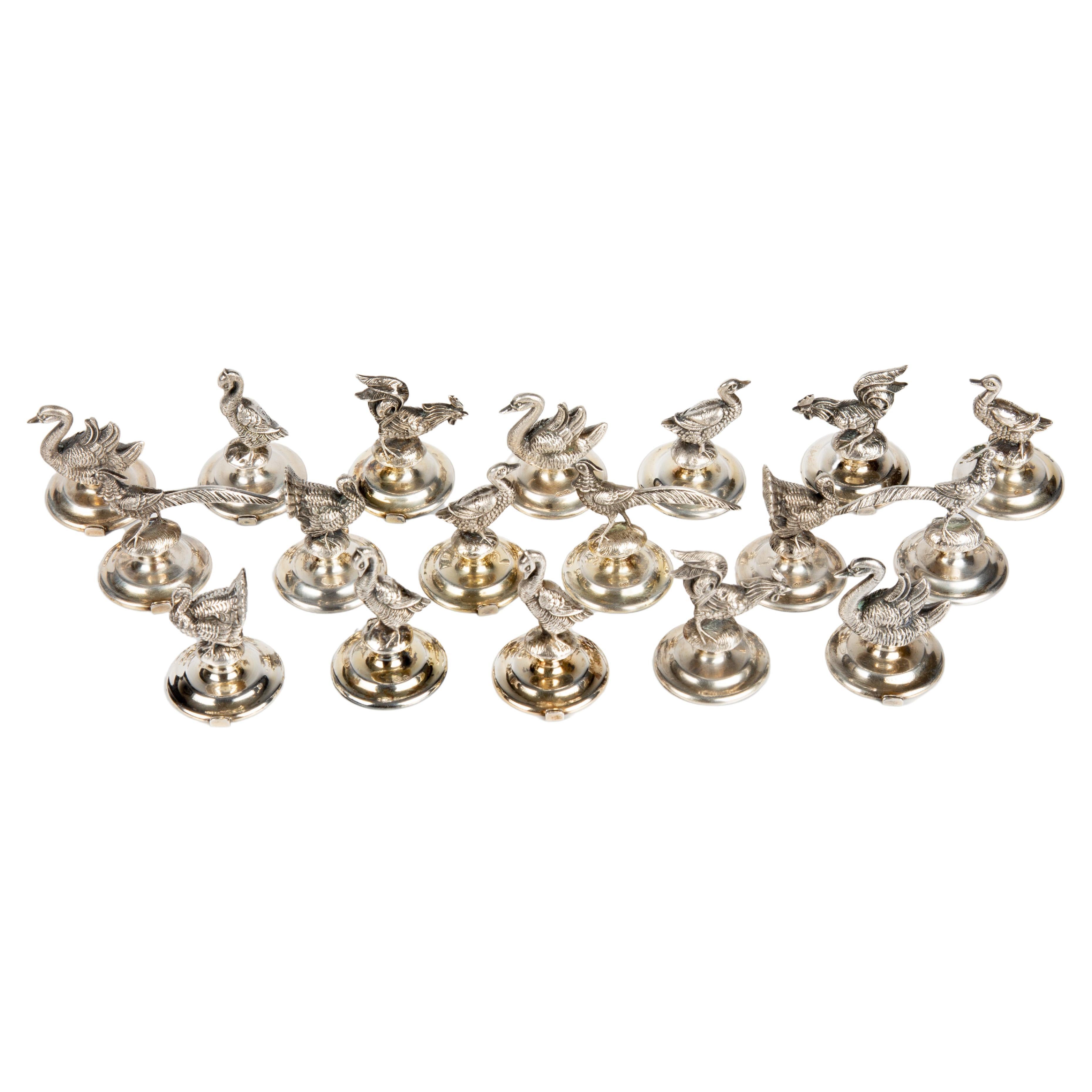 Rare Set of 18 Italian Silver Bird or Fowl Place Card Holders For Sale