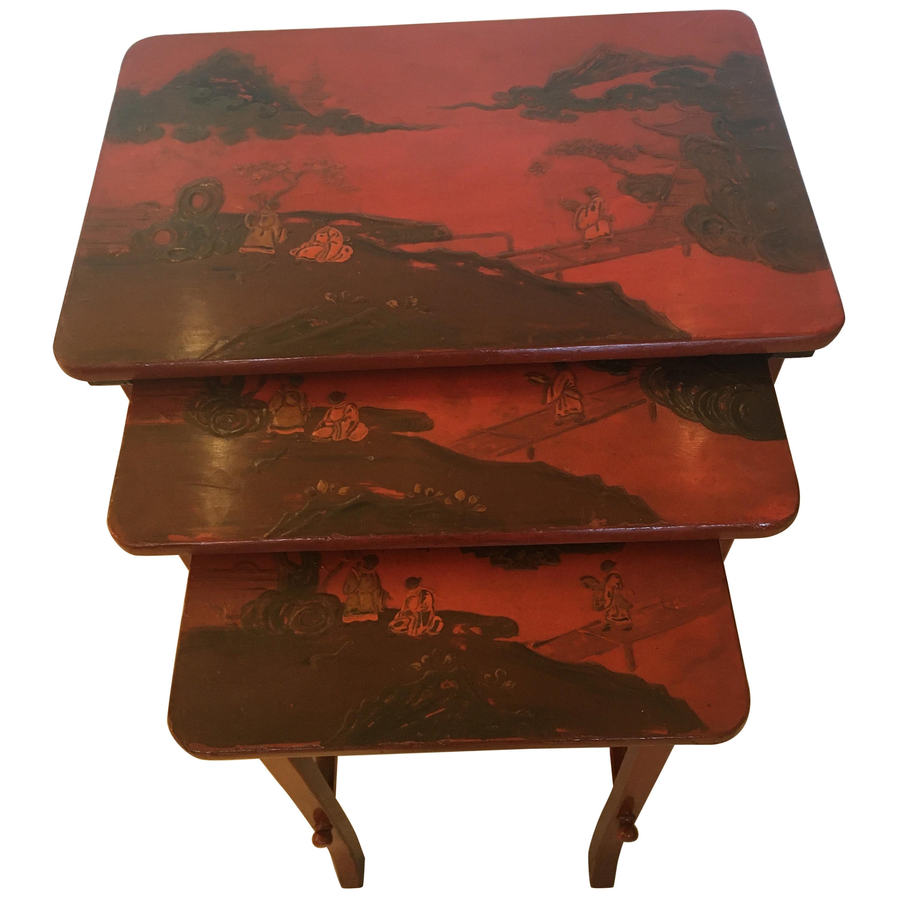 Rare Set of 19th Century Elegant Chinoiserie Tomato Red Nesting Tables
