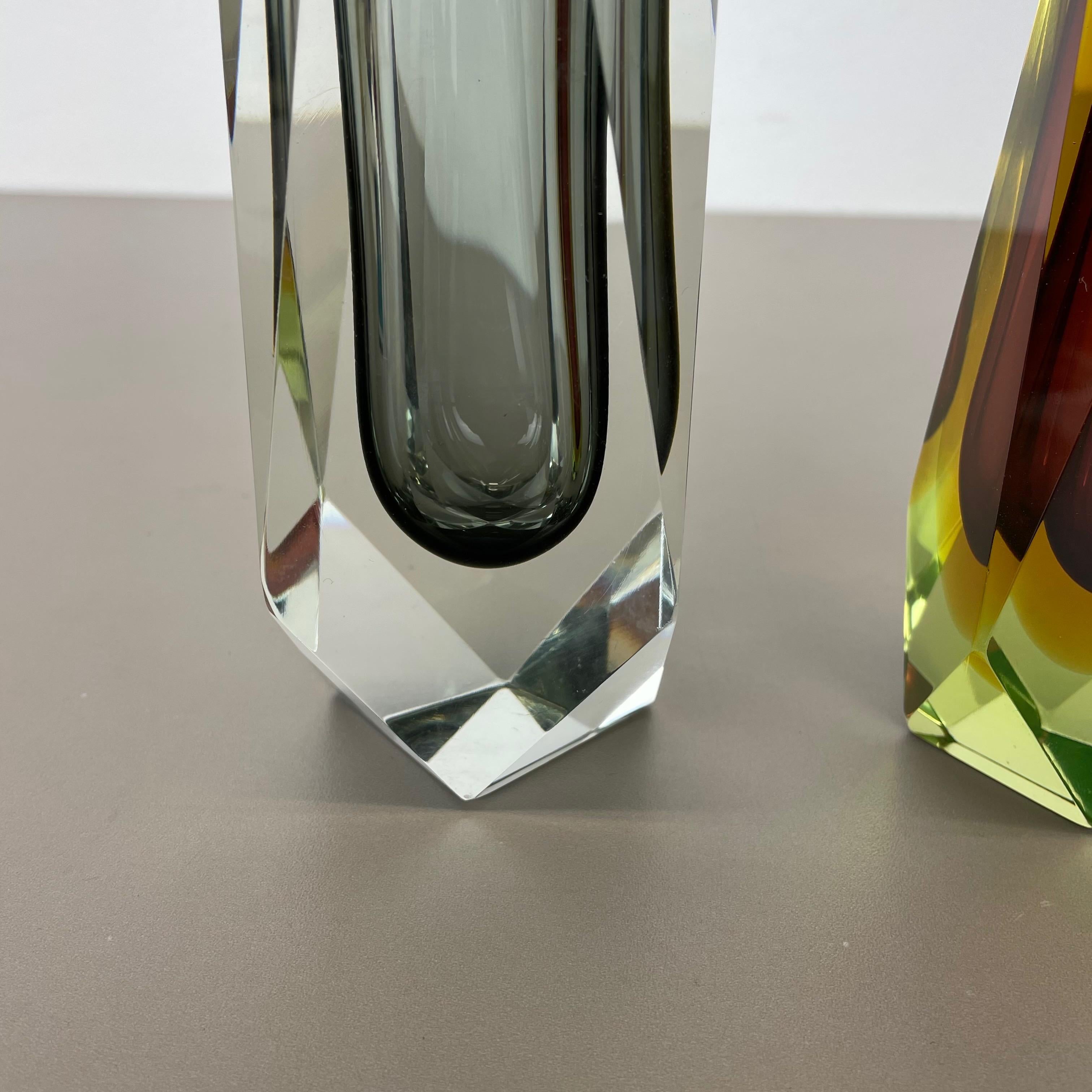 20th Century Rare Set of 2 Faceted Murano Glass Sommerso Vases, Italy, 1970s For Sale