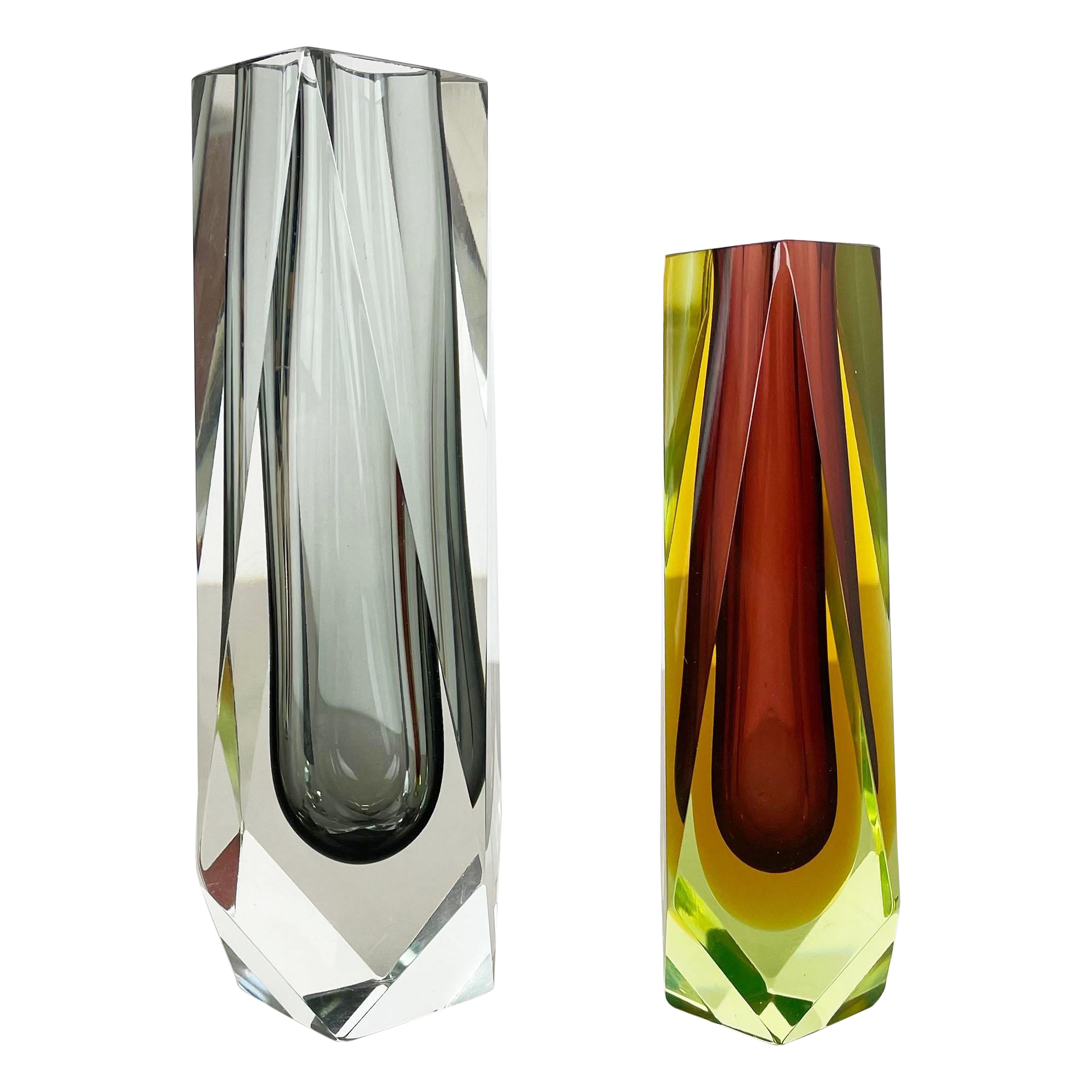 Raro set di 2 vasi sfaccettati in Murano Glass Sommerso, Italia, anni '70