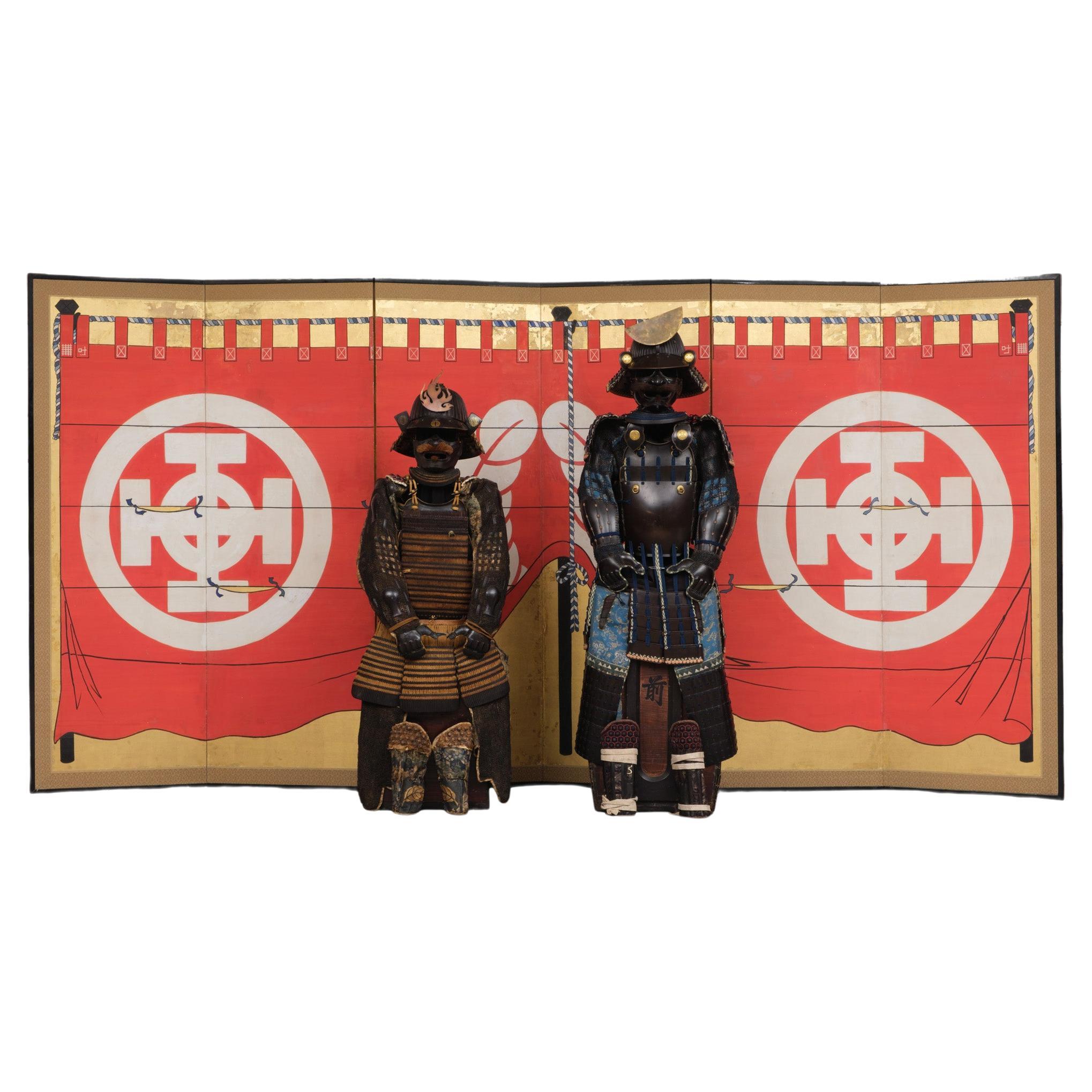Rare set of 2 Japanese suits-of-armour, complete with 2 matching folding screens For Sale