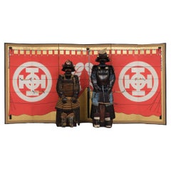 Rare set of 2 Japanese suits-of-armour, complete with 2 matching folding screens