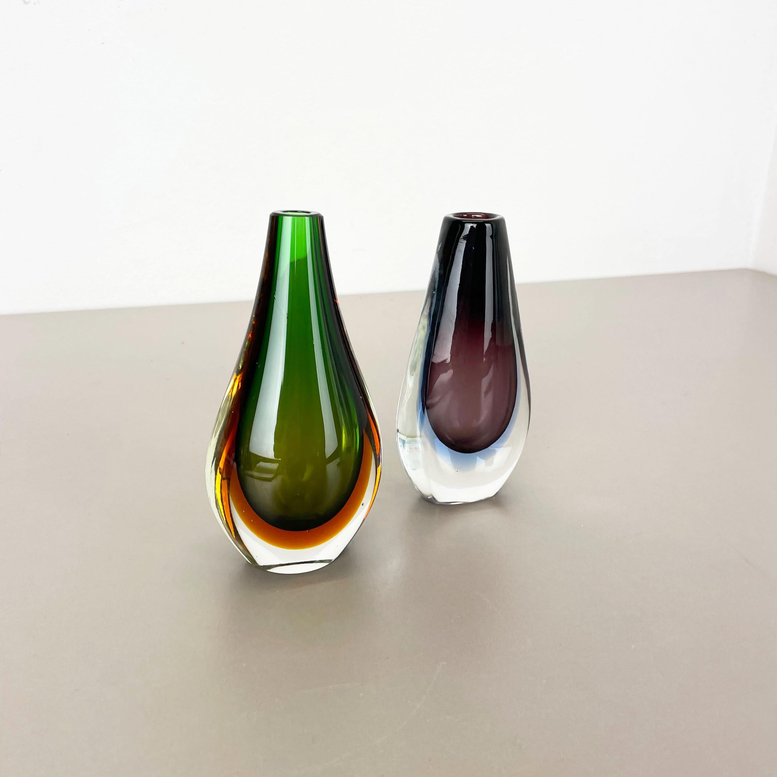 Mid-Century Modern Rare Set of 2 Organic Multicolor Murano Glass Sommerso Vases, Italy, 1970s For Sale