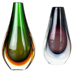 Vintage Rare Set of 2 Organic Multicolor Murano Glass Sommerso Vases, Italy, 1970s