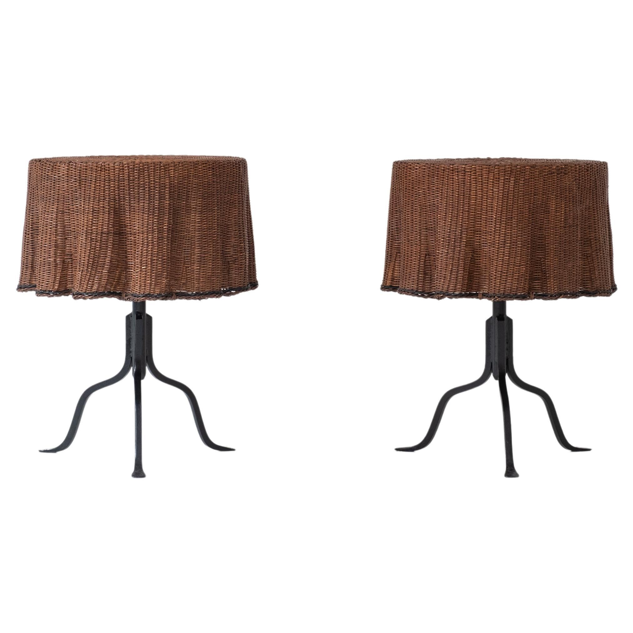 Rare set of 2 ‘Trompe L’Oeil’ wicker side tables, France 1970s