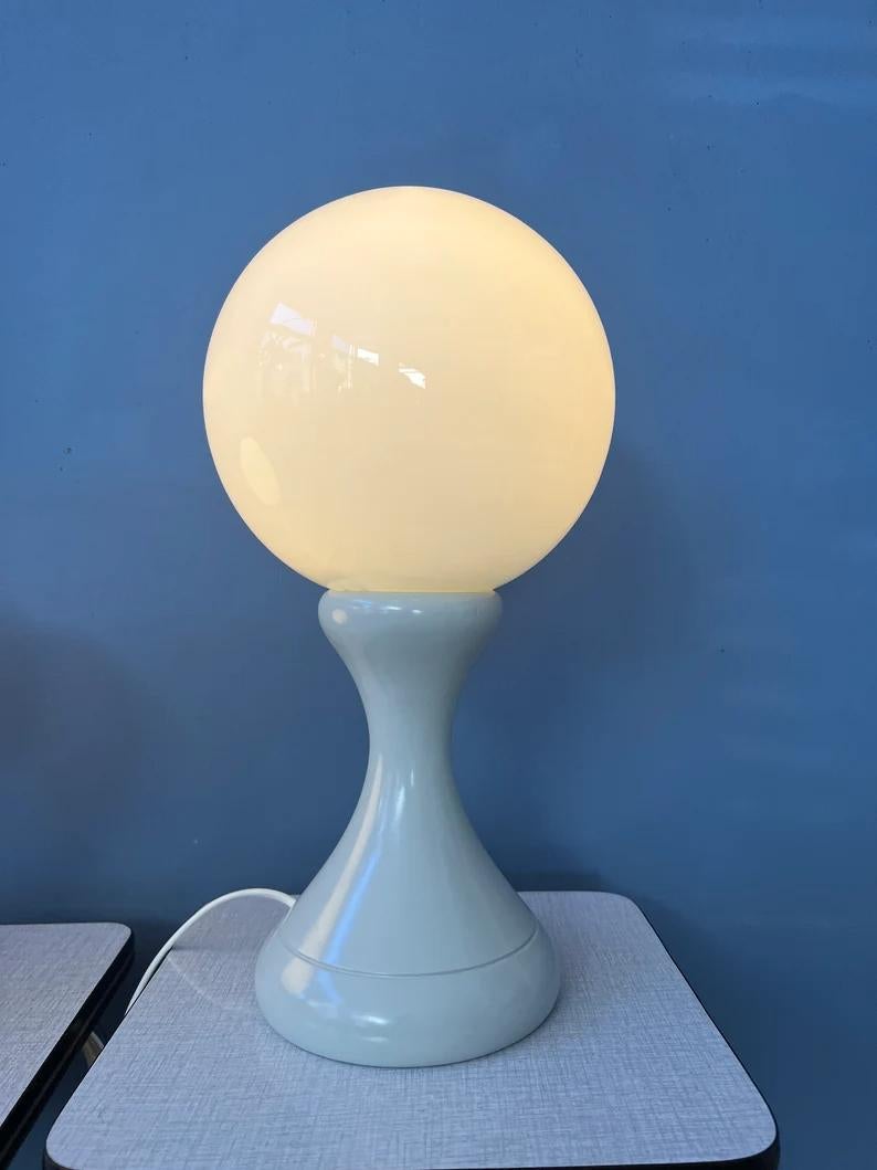 20th Century Rare Set of 2 White Space Age Milk Glass Table Lamps, 1970s For Sale