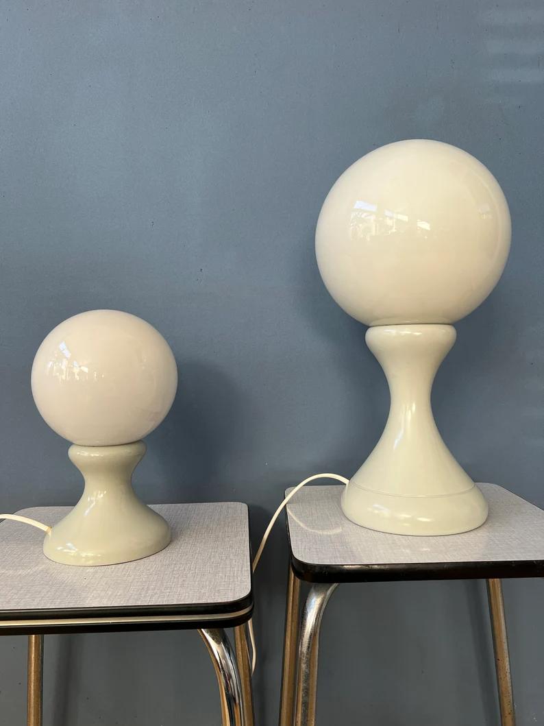 Metal Rare Set of 2 White Space Age Milk Glass Table Lamps, 1970s For Sale