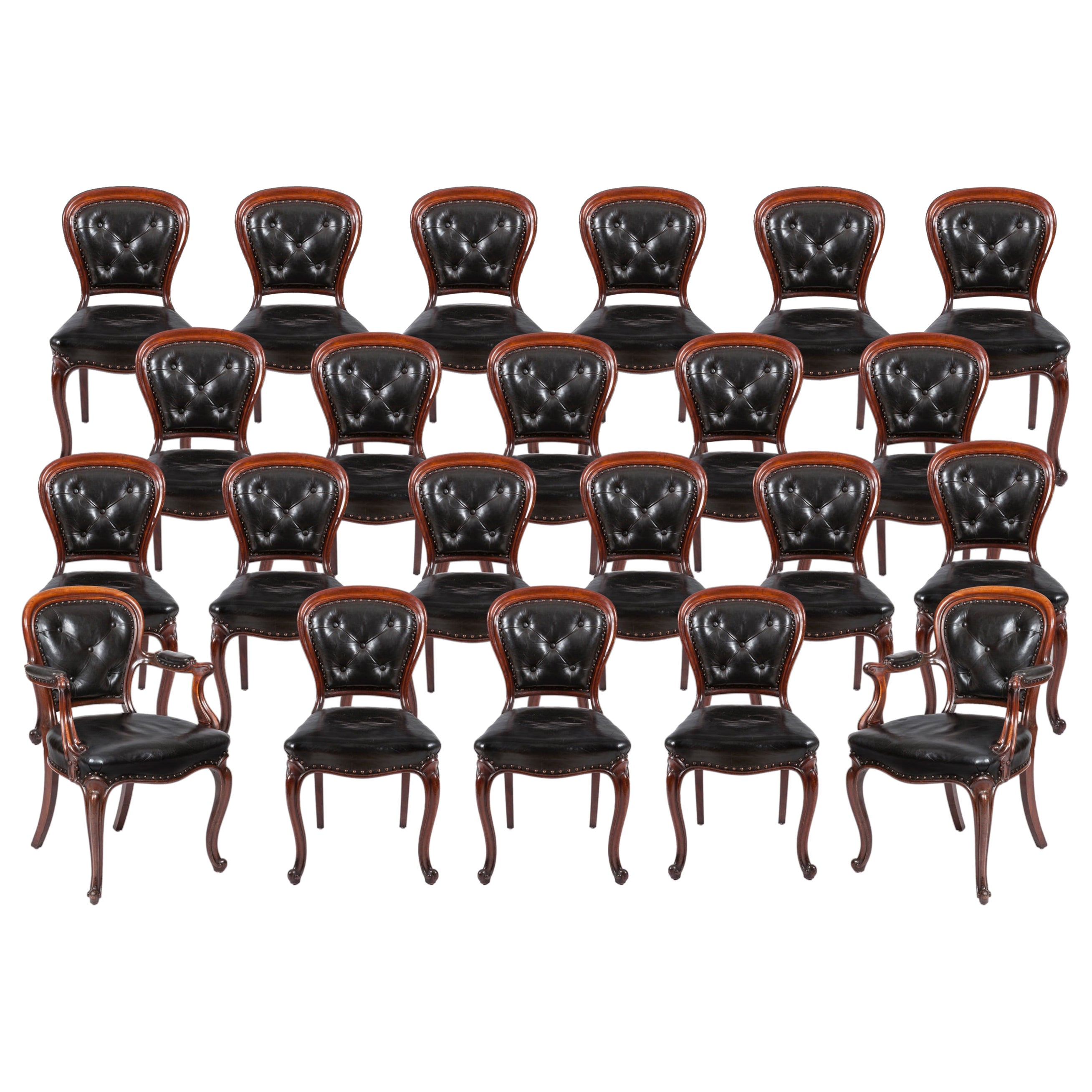 Rare ensemble de 22 chaises de salle à manger anciennes du XIXe siècle avec tapisserie en cuir