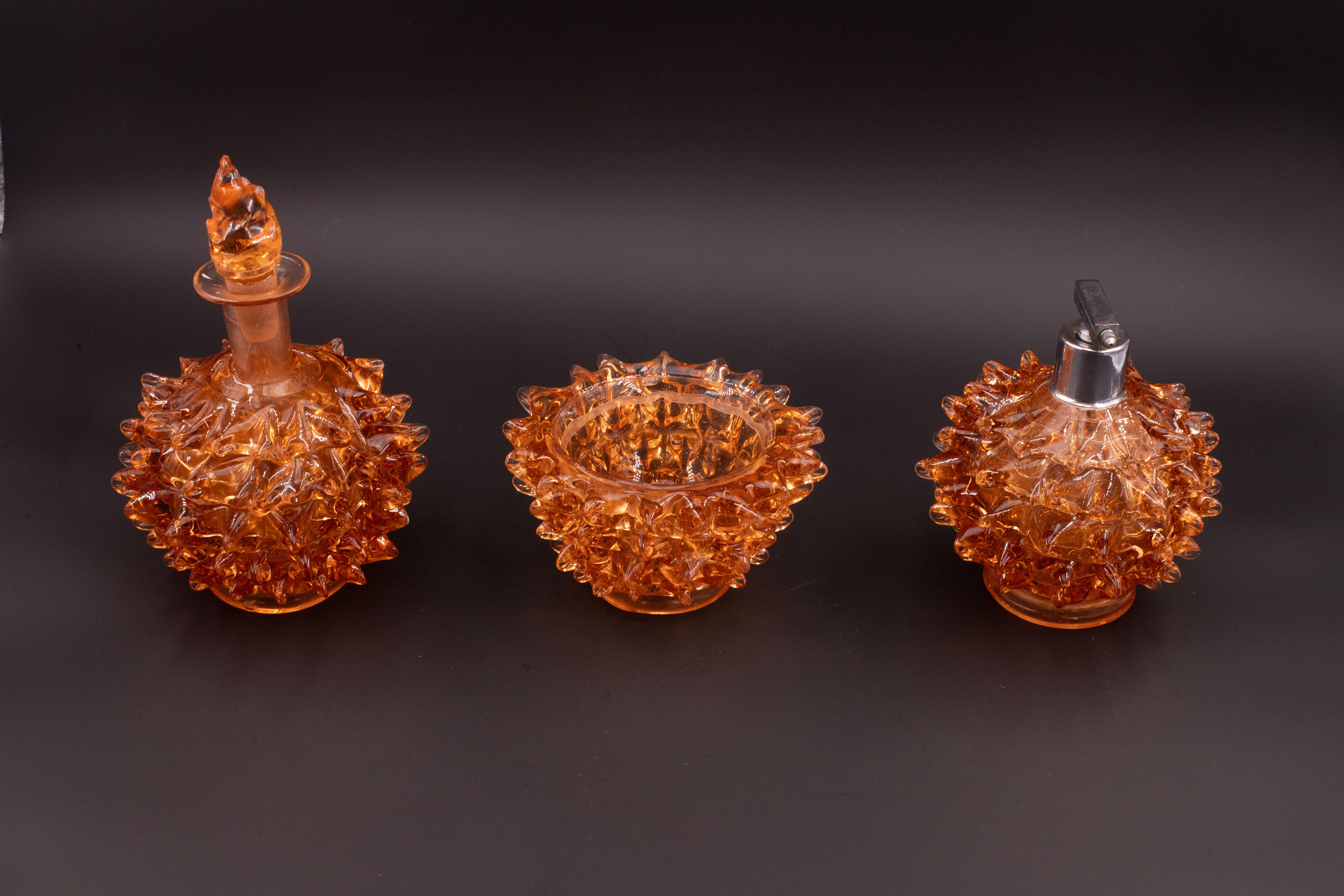 European Rare Set of 3 Amber Rostrato Murano Glass Vases by Barovier & Toso, 1940s For Sale