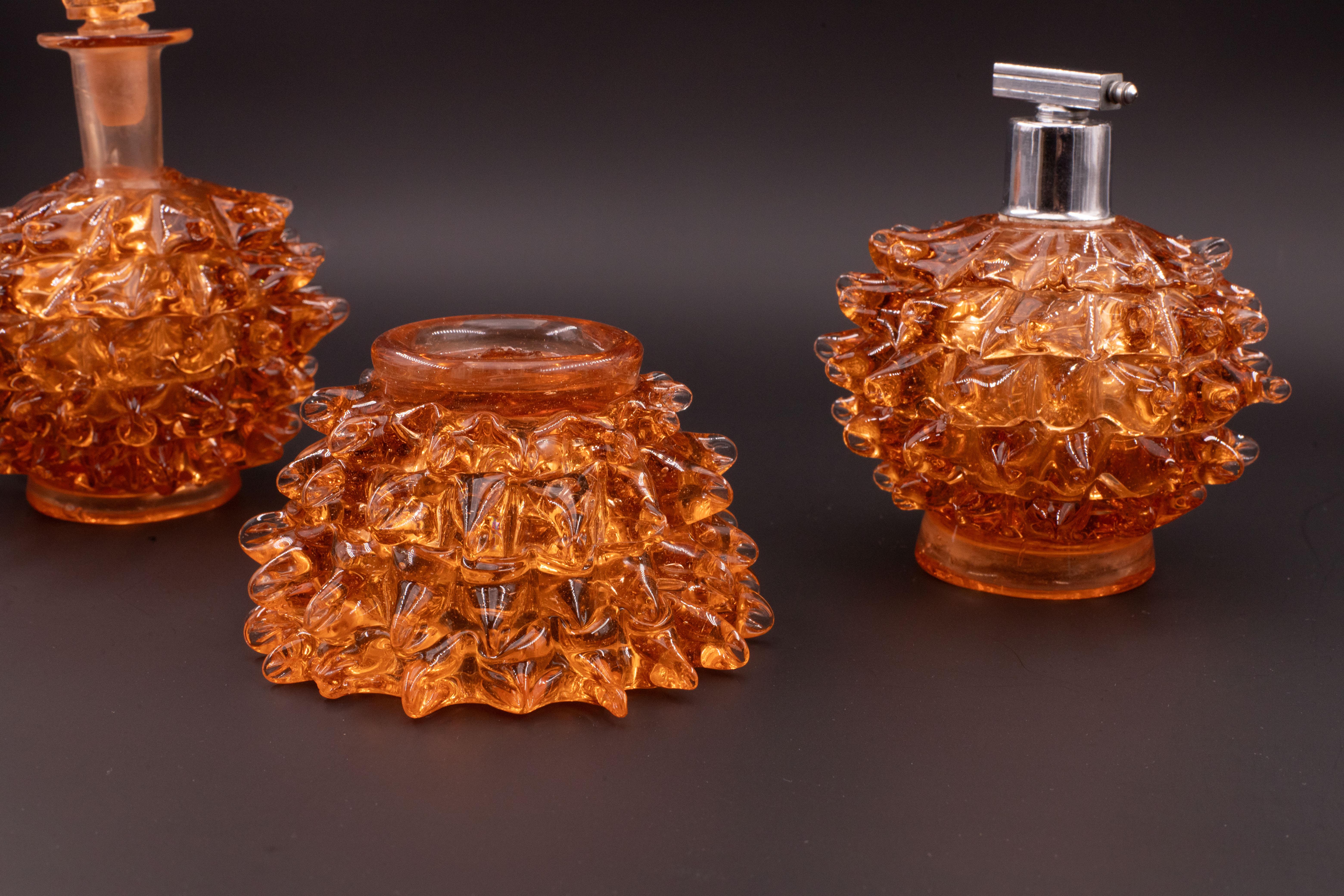 Mid-20th Century Rare Set of 3 Amber Rostrato Murano Glass Vases by Barovier & Toso, 1940s For Sale