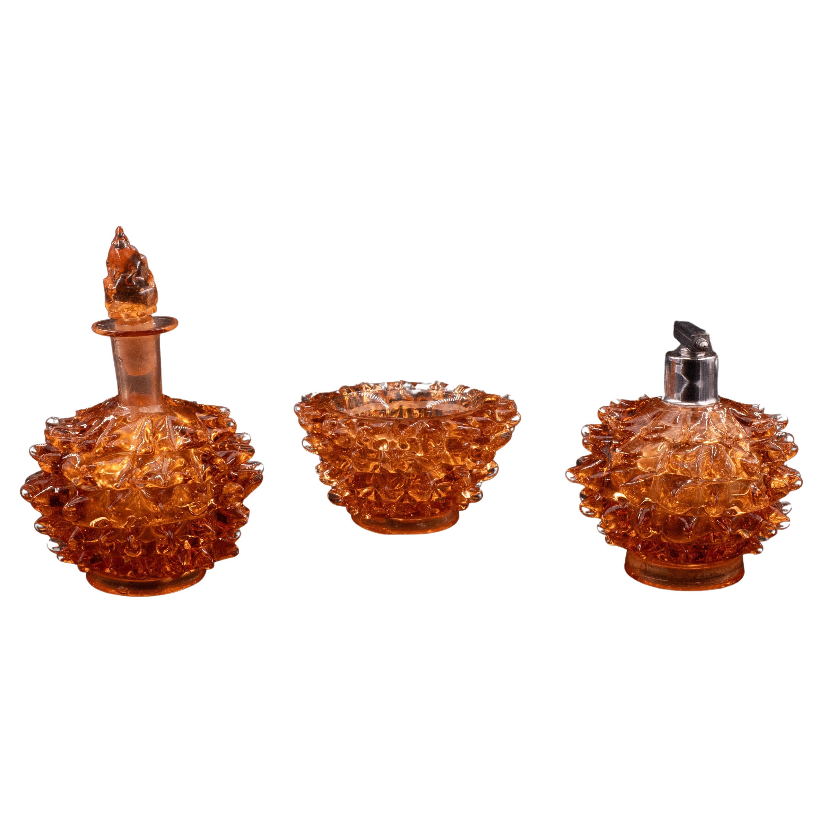 Rare Set of 3 Amber Rostrato Murano Glass Vases by Barovier & Toso, 1940s For Sale
