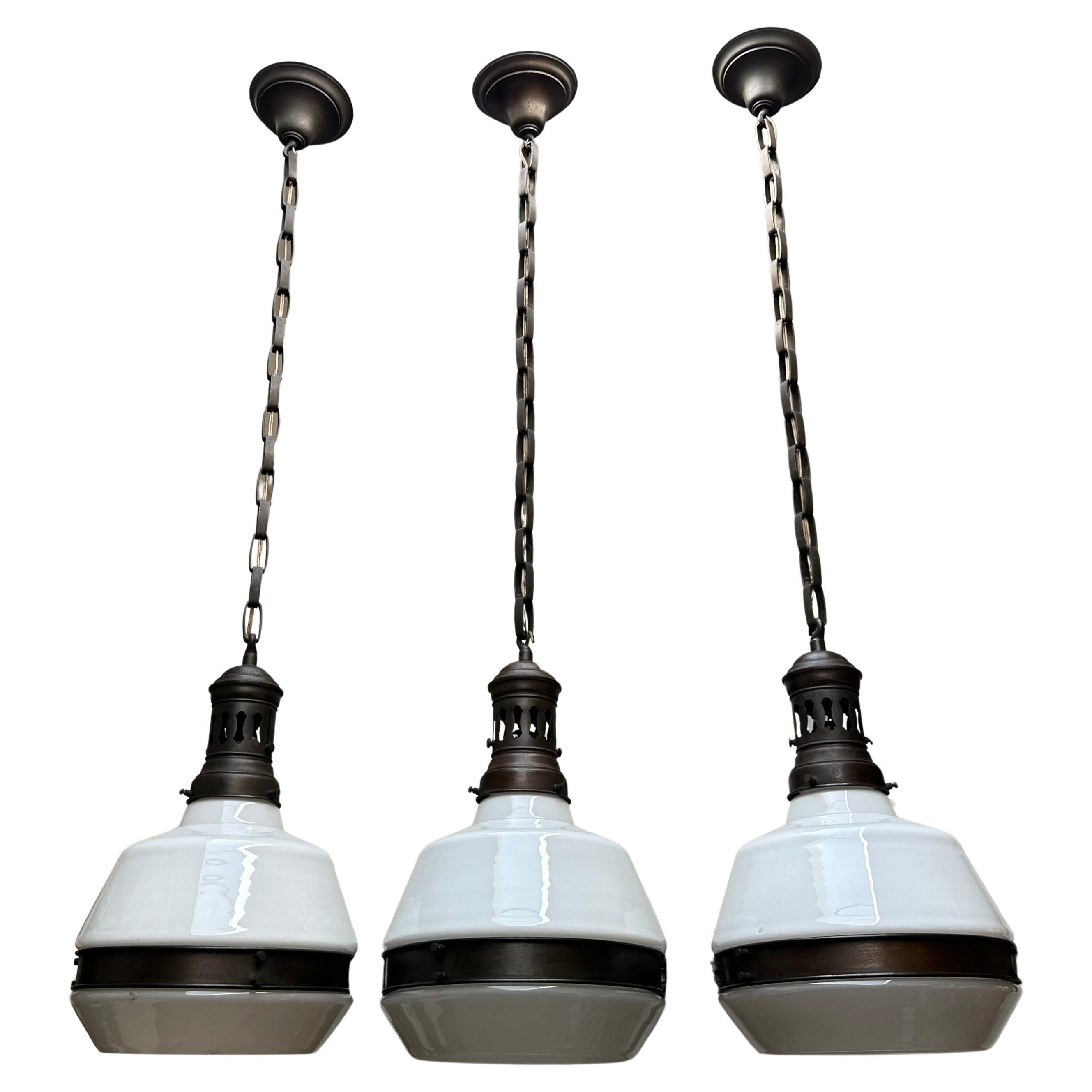 Rare Set of 3 Art Deco / Bauhaus Design Brass and Opaline Glass Pendant Lights