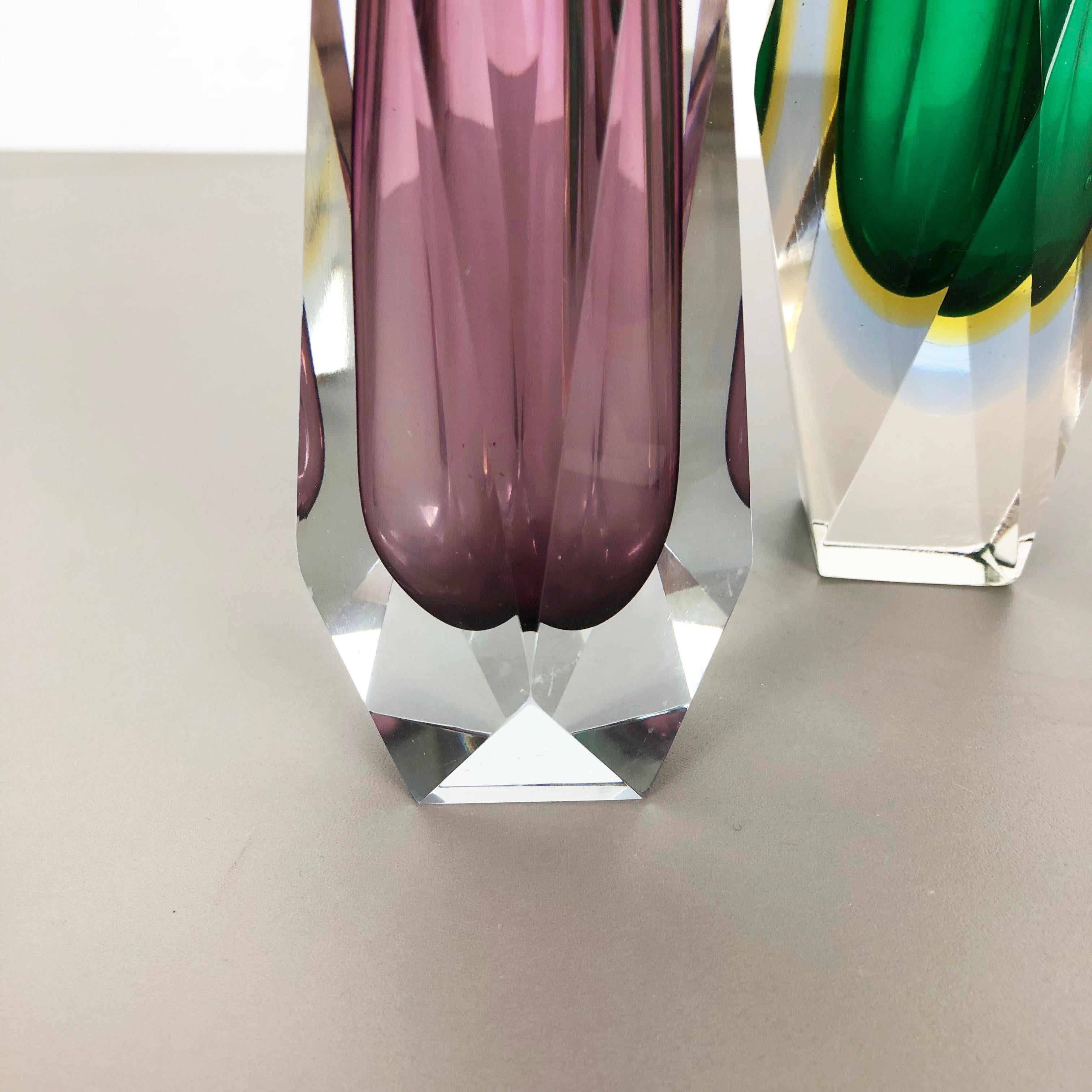 Rare Set of 3 Faceted Murano Glass Sommerso Vases, Italy, 1970s 4