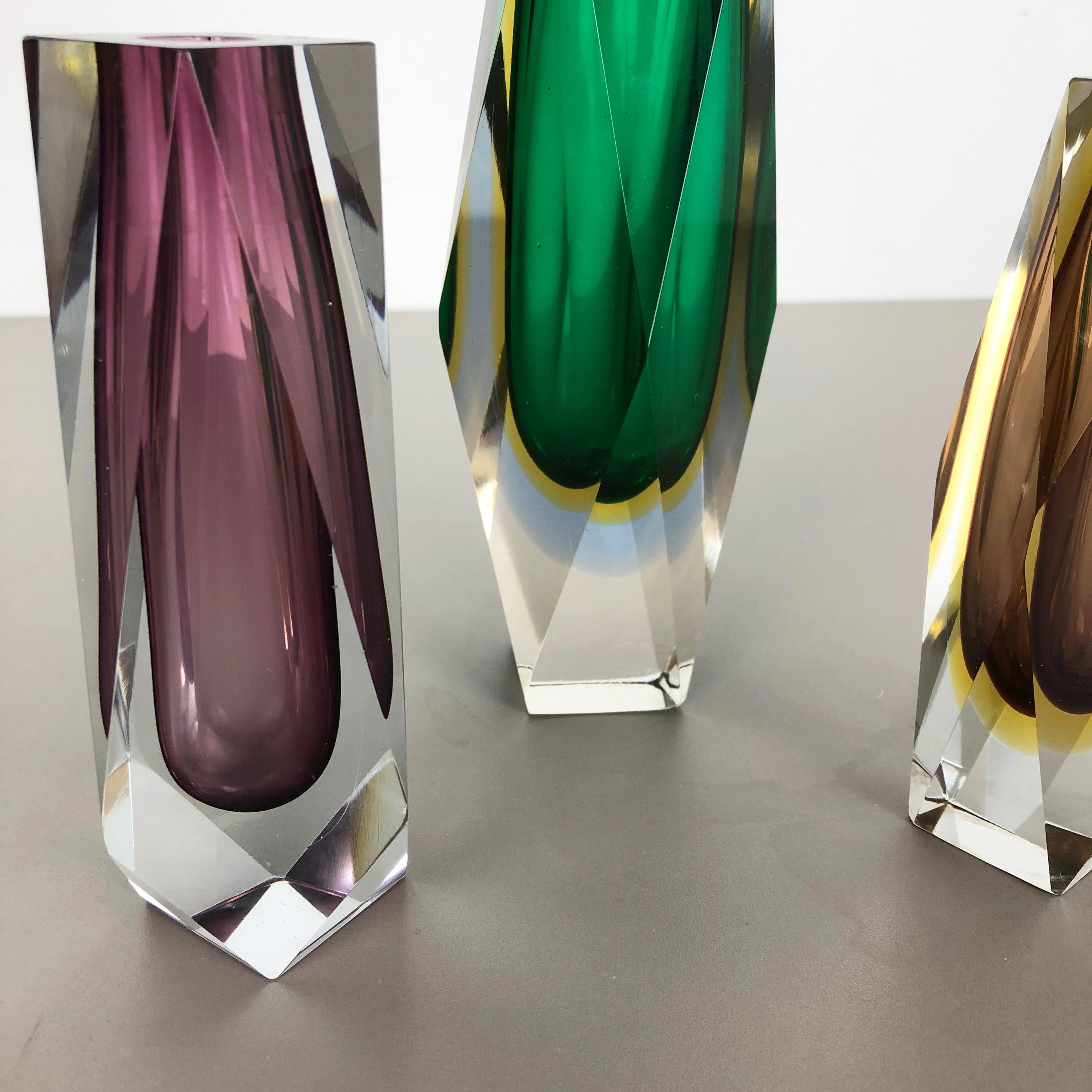 Rare Set of 3 Faceted Murano Glass Sommerso Vases, Italy, 1970s 6