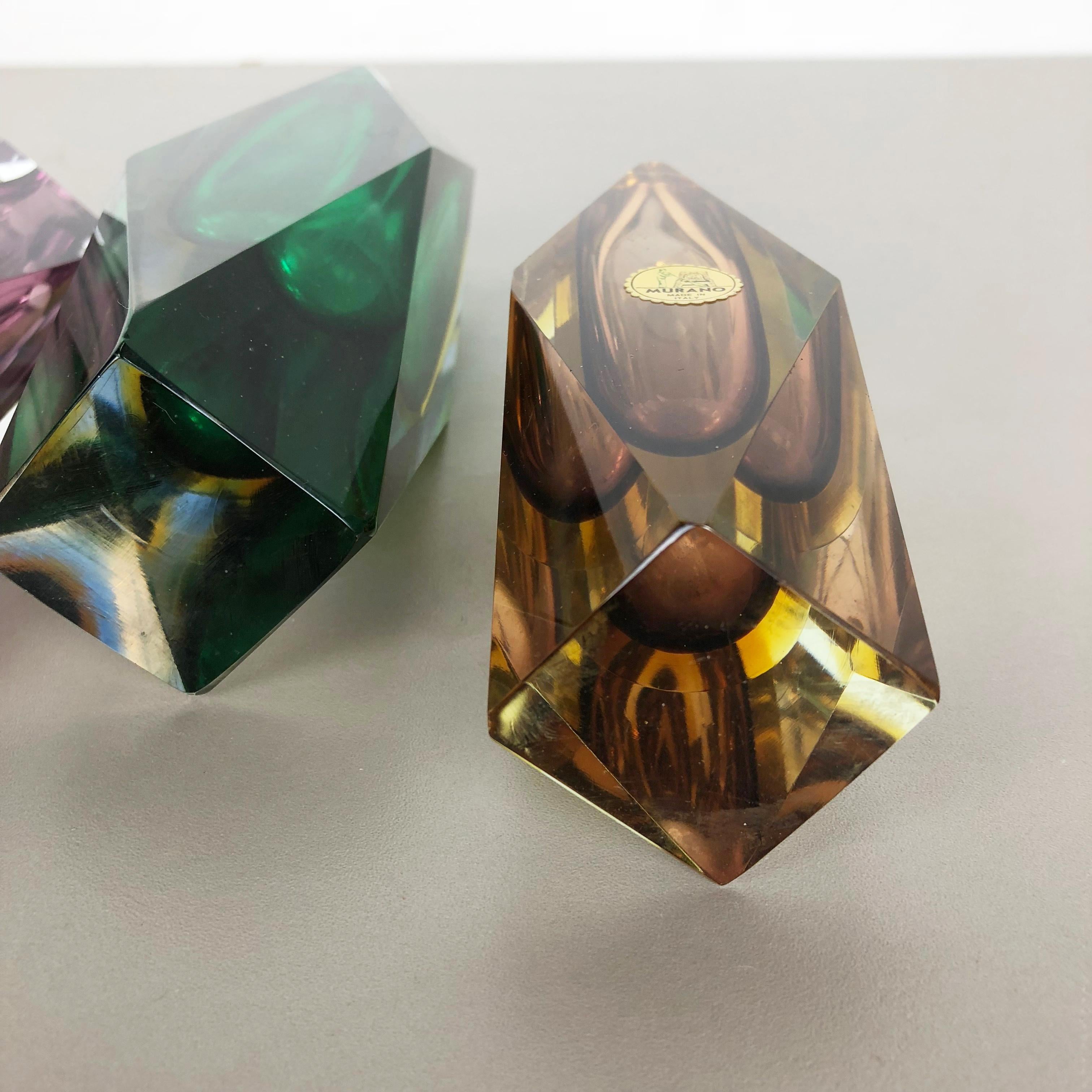 Rare Set of 3 Faceted Murano Glass Sommerso Vases, Italy, 1970s 9