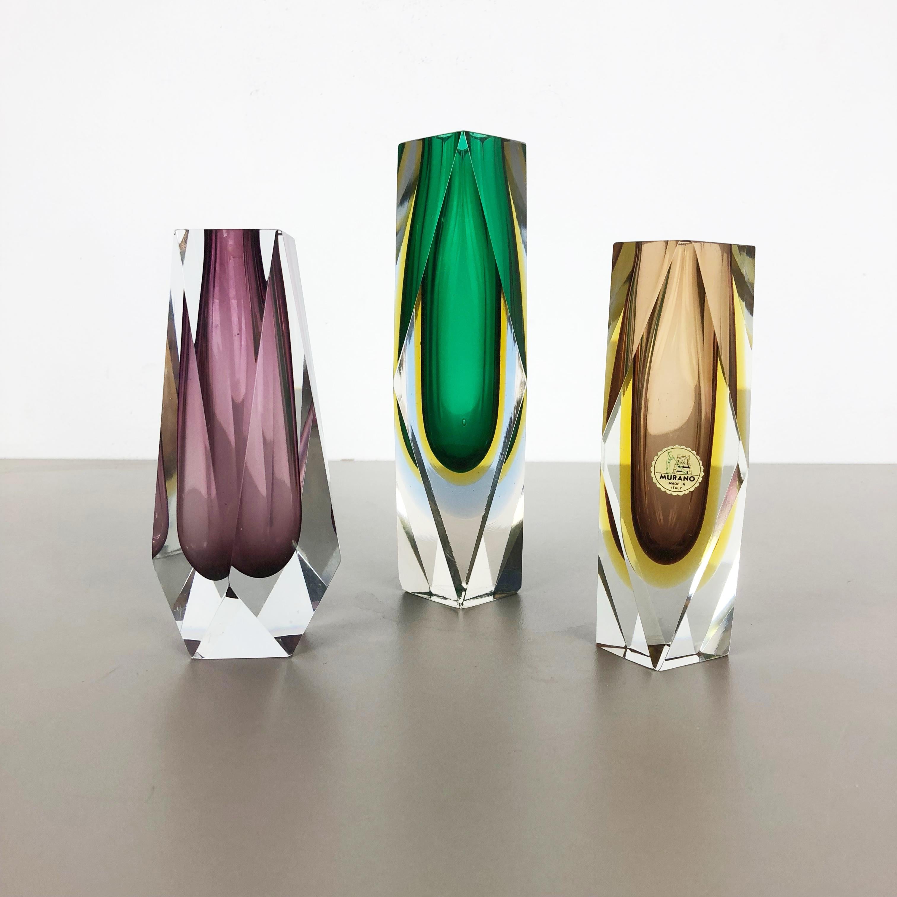 Rare Set of 3 Faceted Murano Glass Sommerso Vases, Italy, 1970s 10