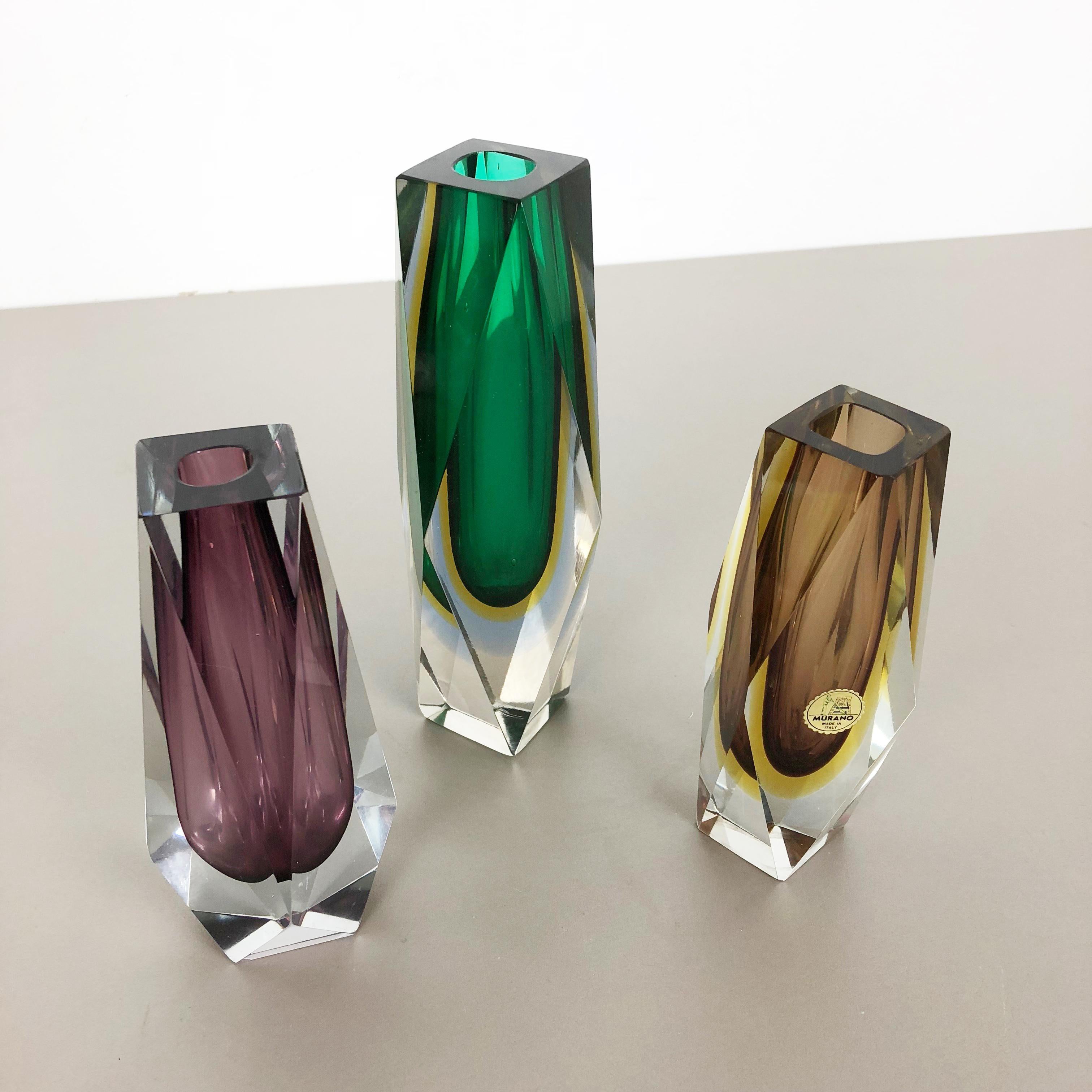 Mid-Century Modern Rare Set of 3 Faceted Murano Glass Sommerso Vases, Italy, 1970s