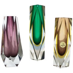 Rare Set of 3 Faceted Murano Glass Sommerso Vases, Italy, 1970s